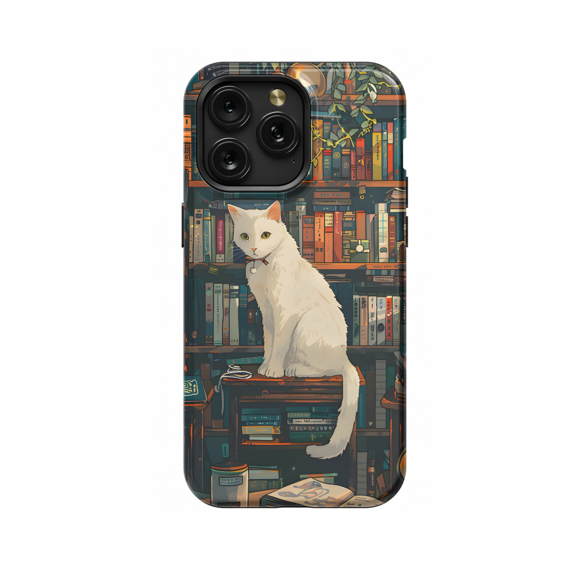 Vintage White Cat Book Lover Library Phone Case iPhone Samsung Cover Pixel 1018