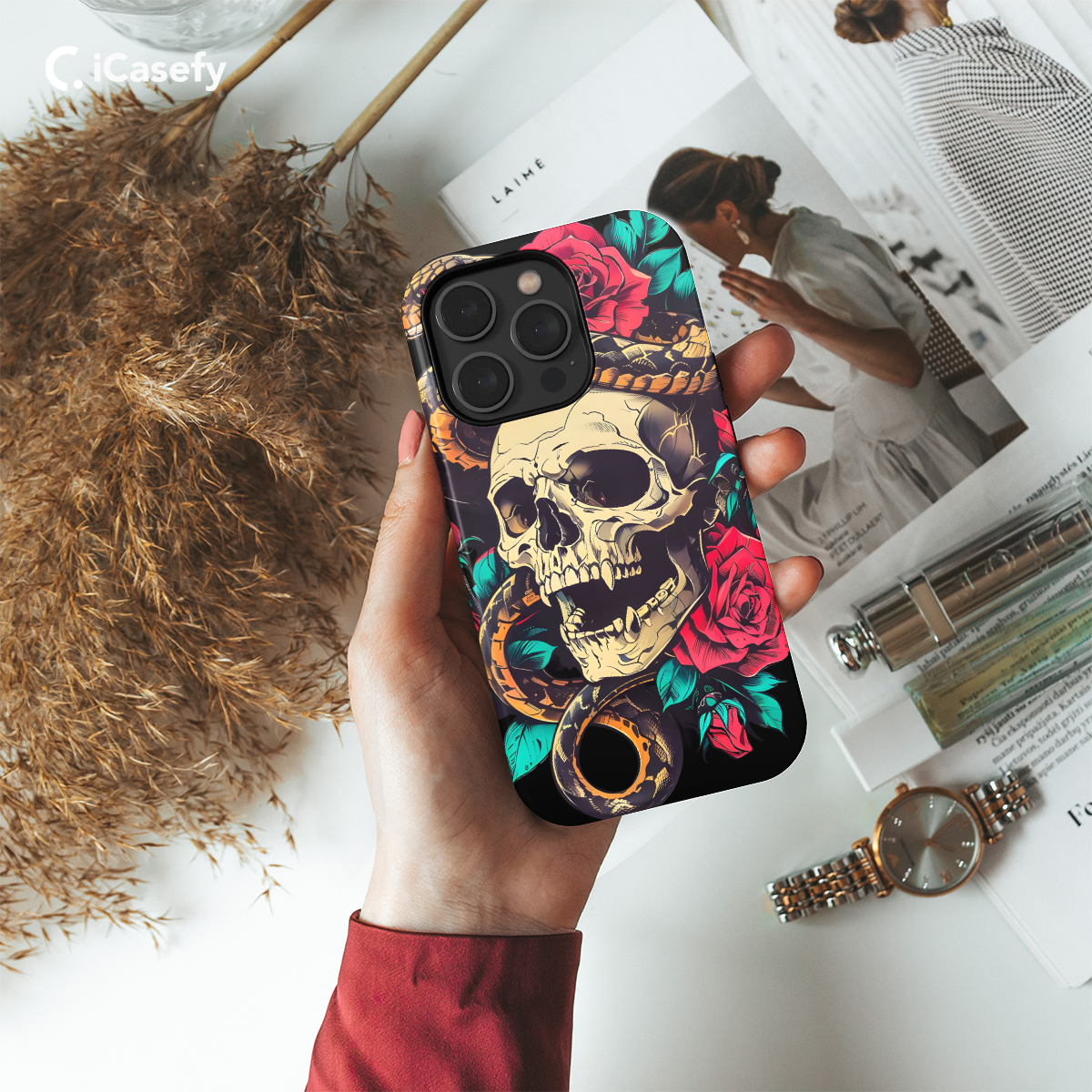 Snake Flower Skeleton Head Gothic Red Rose Phone Case iPhone Samsung Cover Pixel 1033