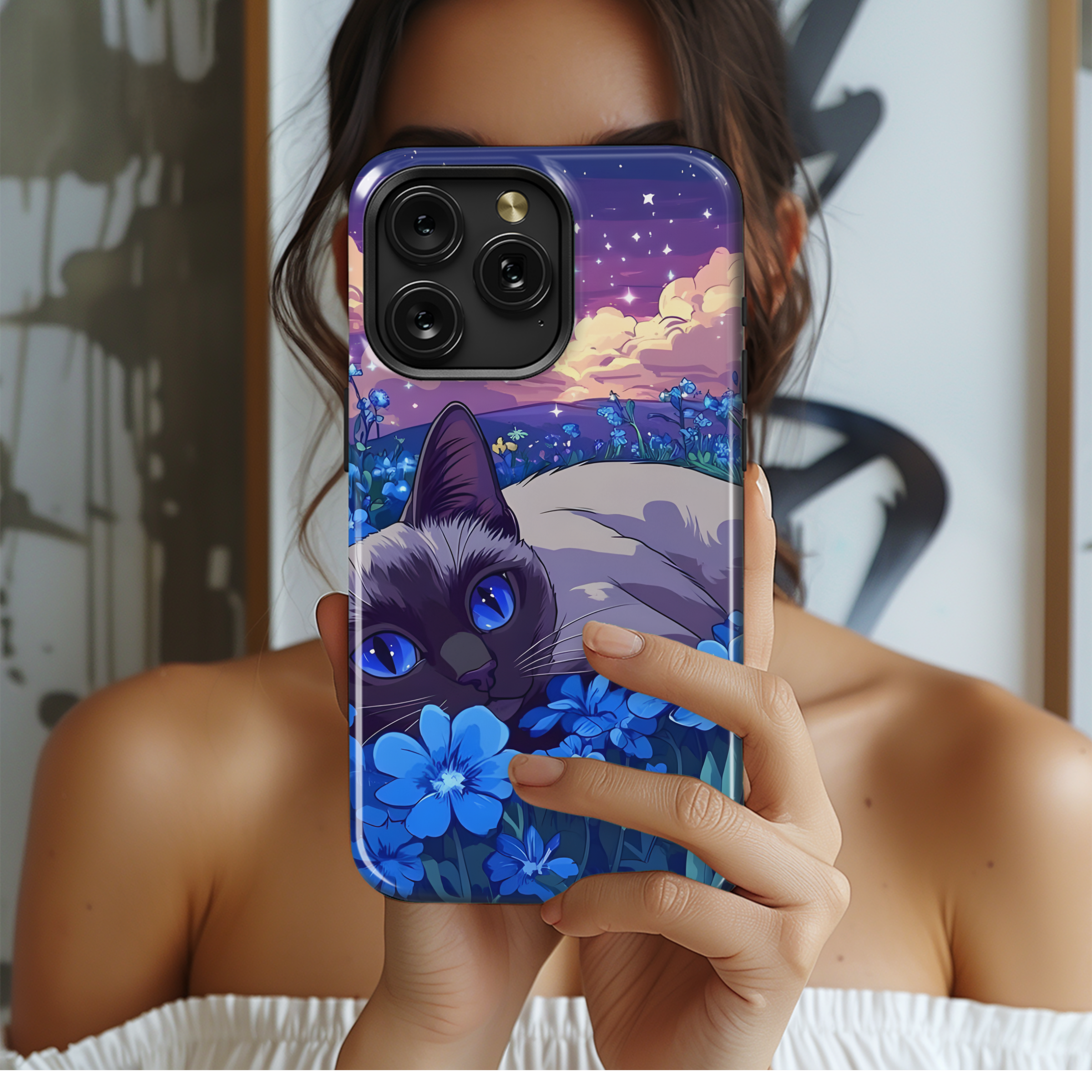 Anime Siamese Cat in Blue Flowers Phone Case iPhone Samsung Cover Pixel 3625