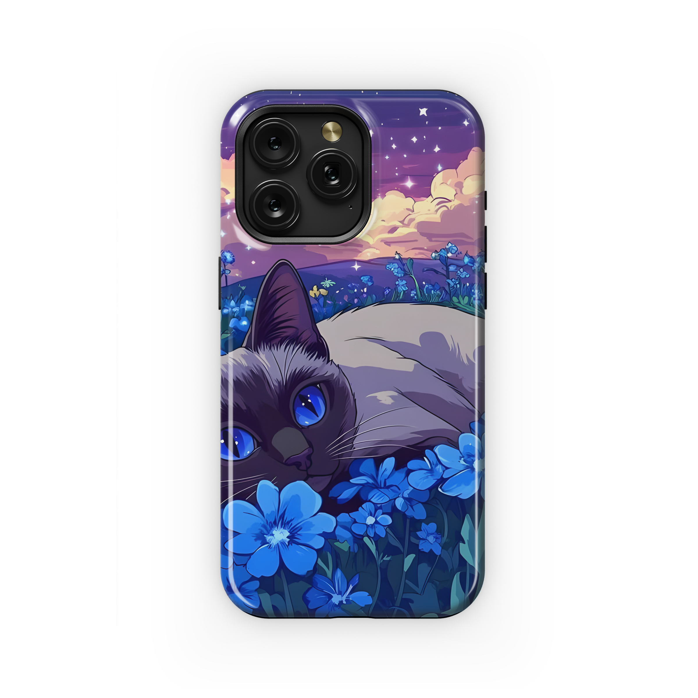 Anime Siamese Cat in Blue Flowers Phone Case iPhone Samsung Cover Pixel 3625