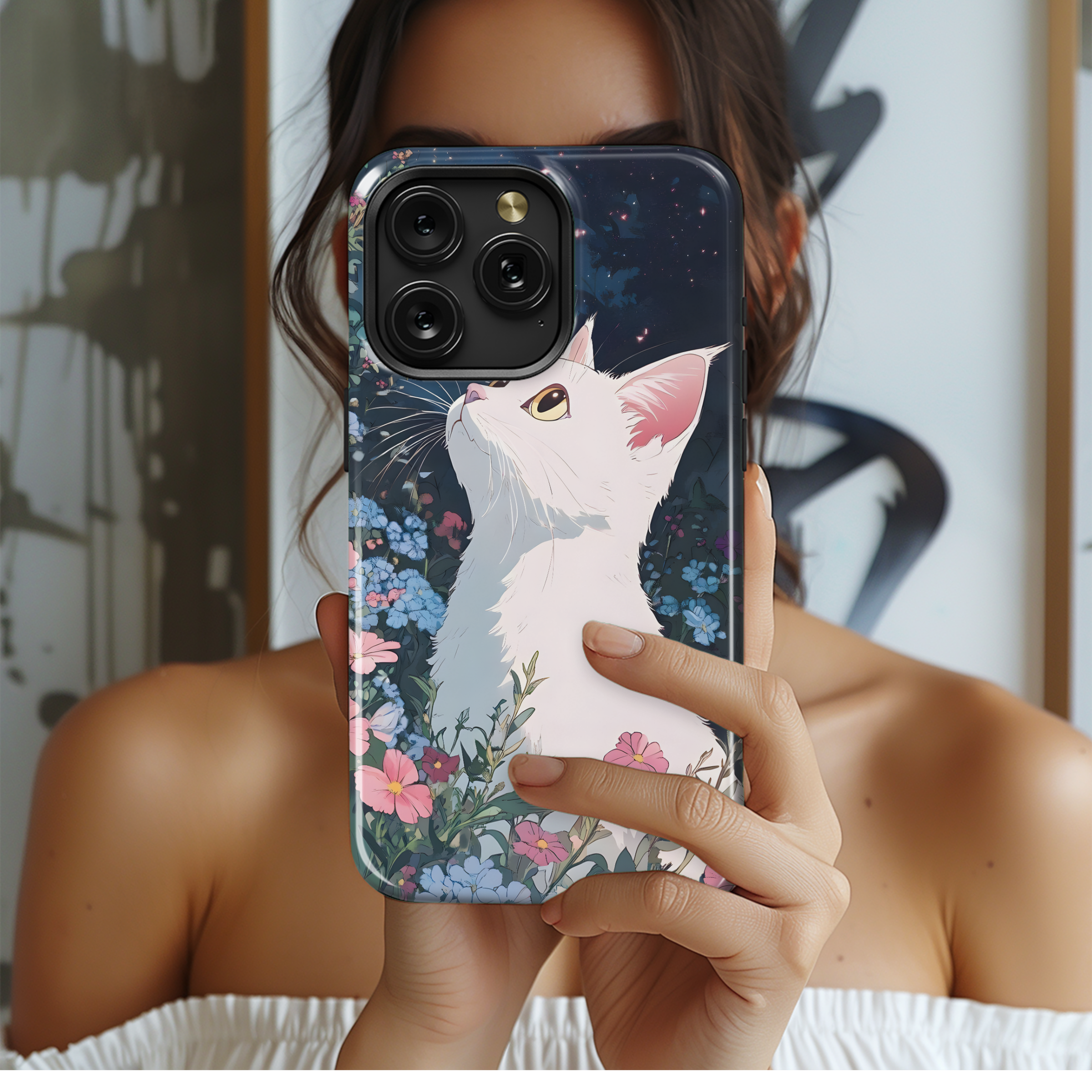 Anime White Cat in Flowers Phone Case iPhone Samsung Cover Pixel 3624