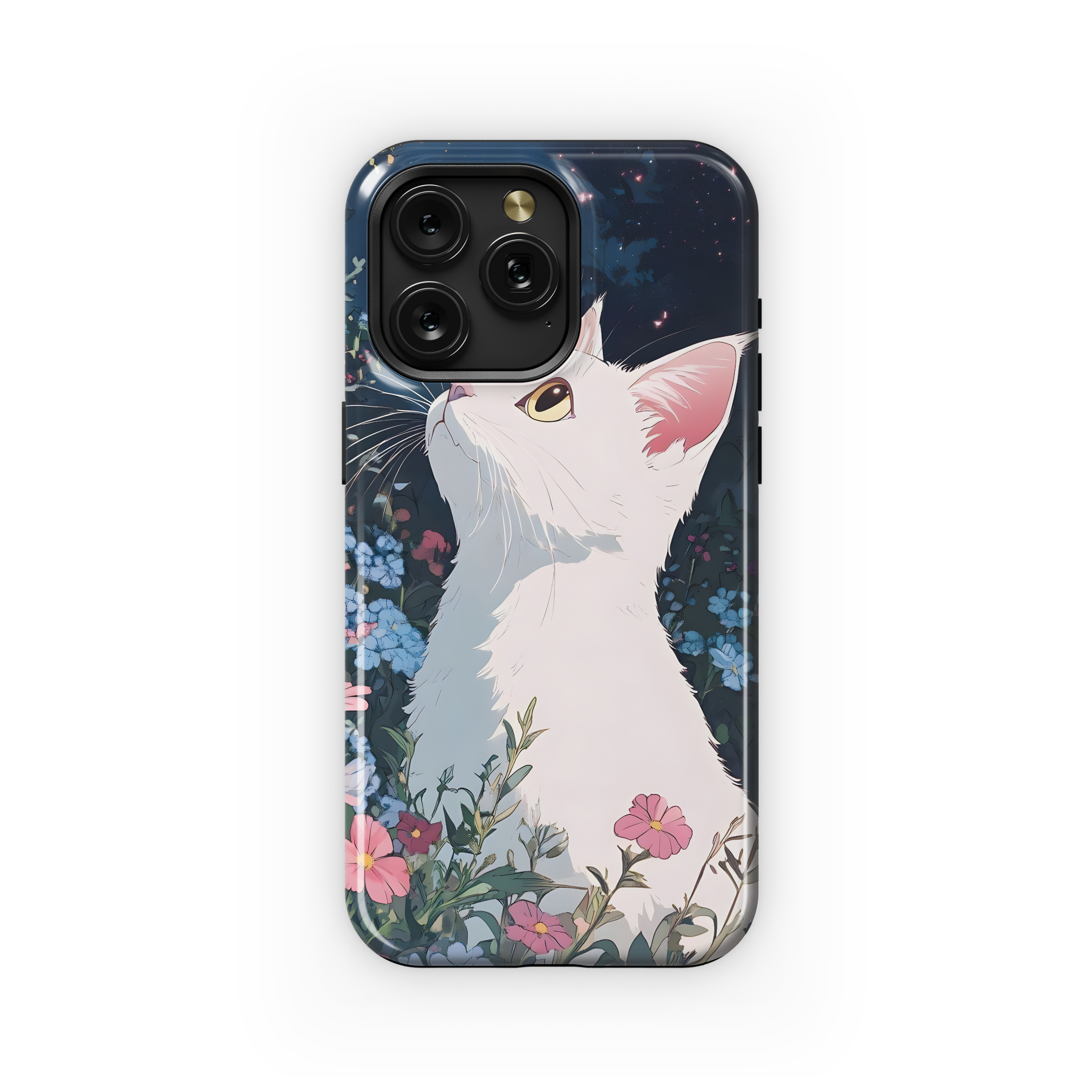 Anime White Cat in Flowers Phone Case iPhone Samsung Cover Pixel 3624