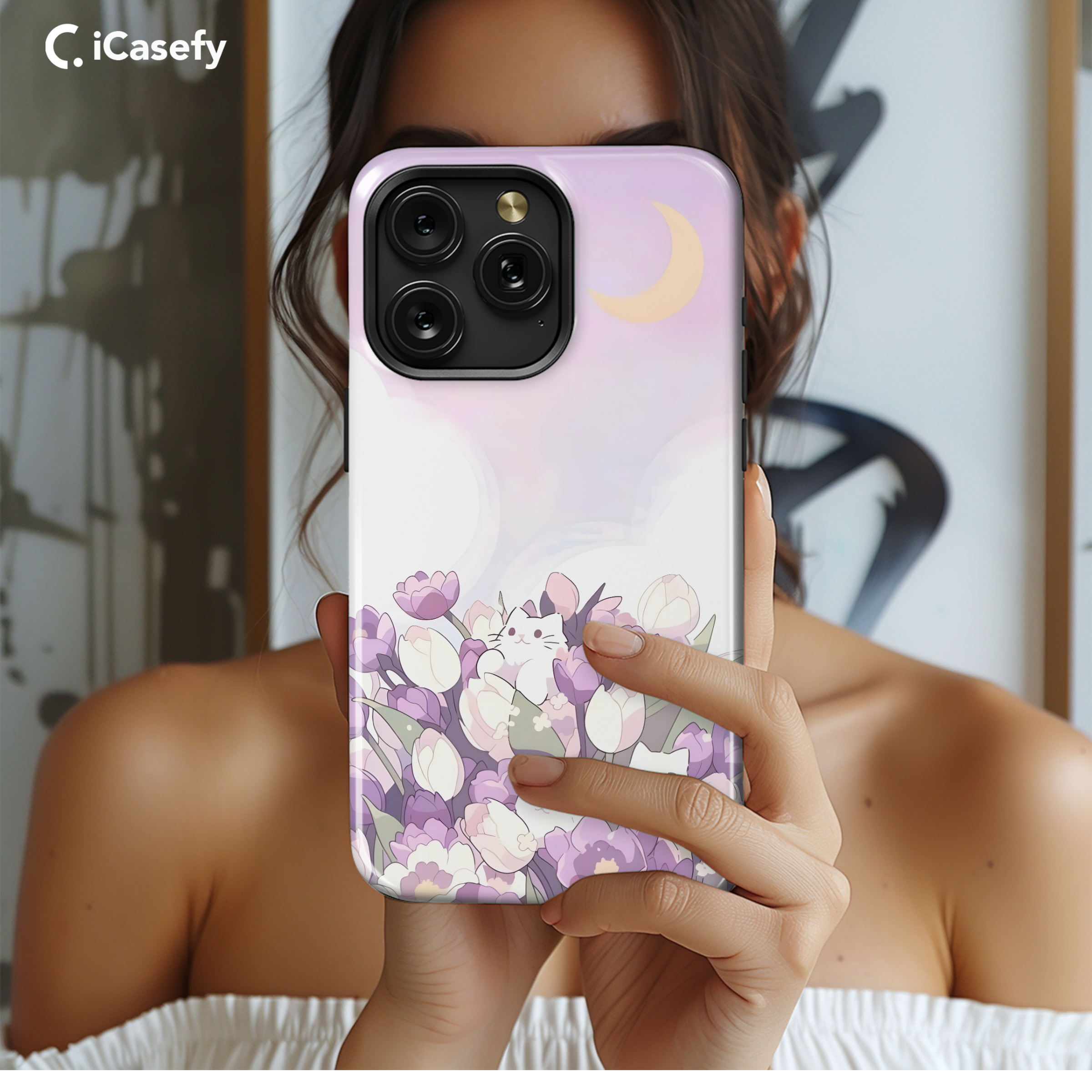 Anime White Cat Tulips Phone Case iPhone Samsung Cover Pixel 1809