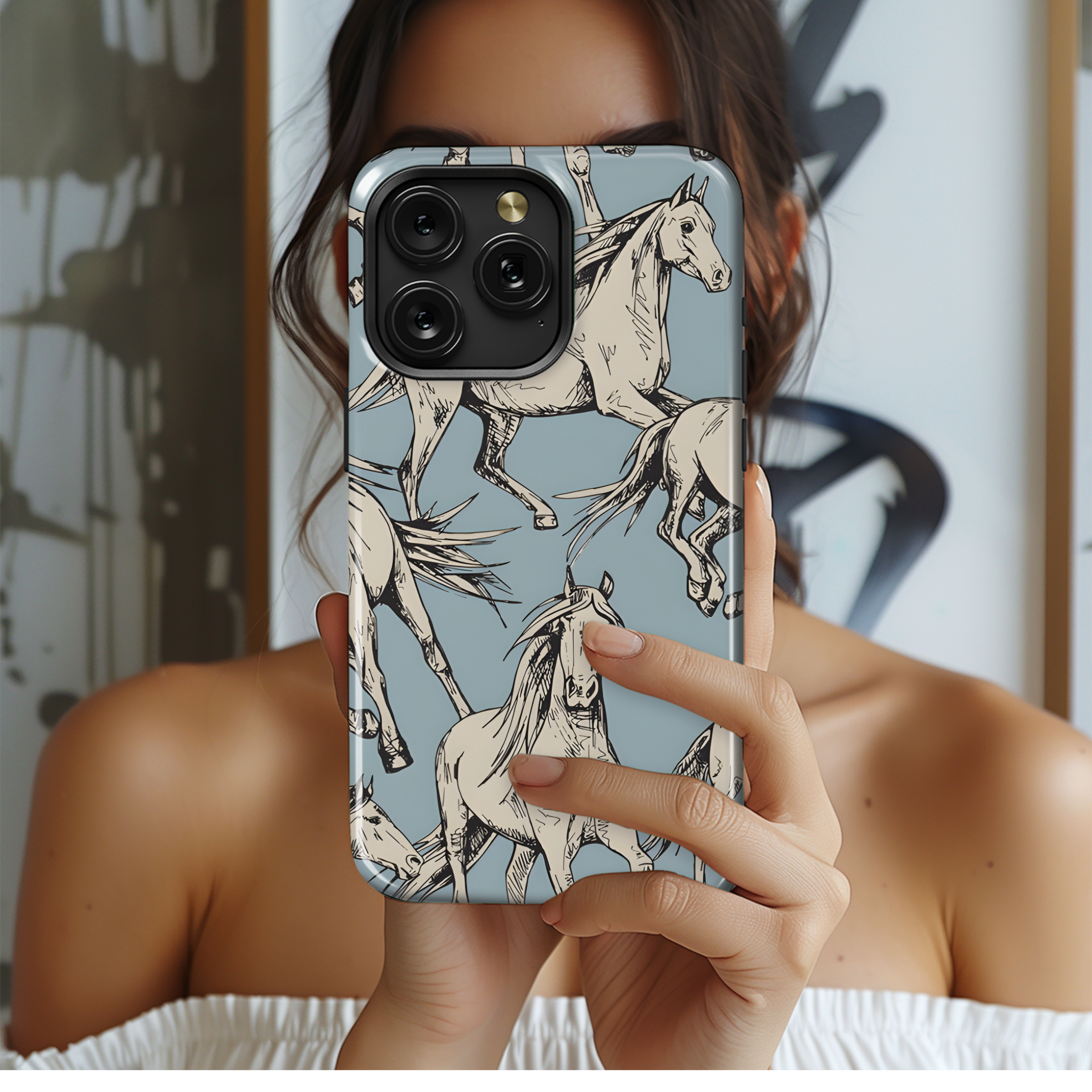 Beige Horses Blue Phone Case iPhone Samsung Cover Pixel 2702