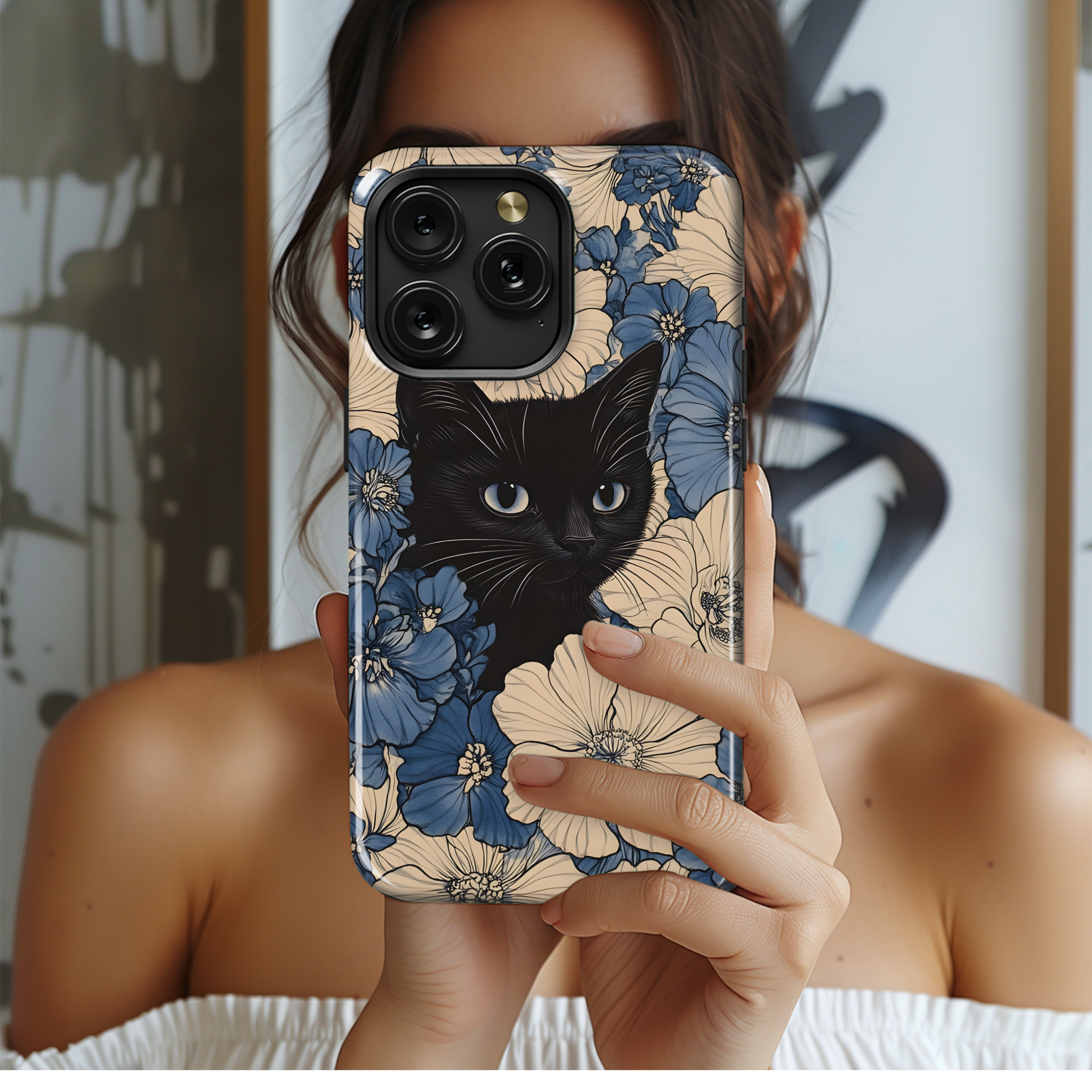 Black Cat in Flowers Phone Case iPhone Samsung Cover Pixel 3561