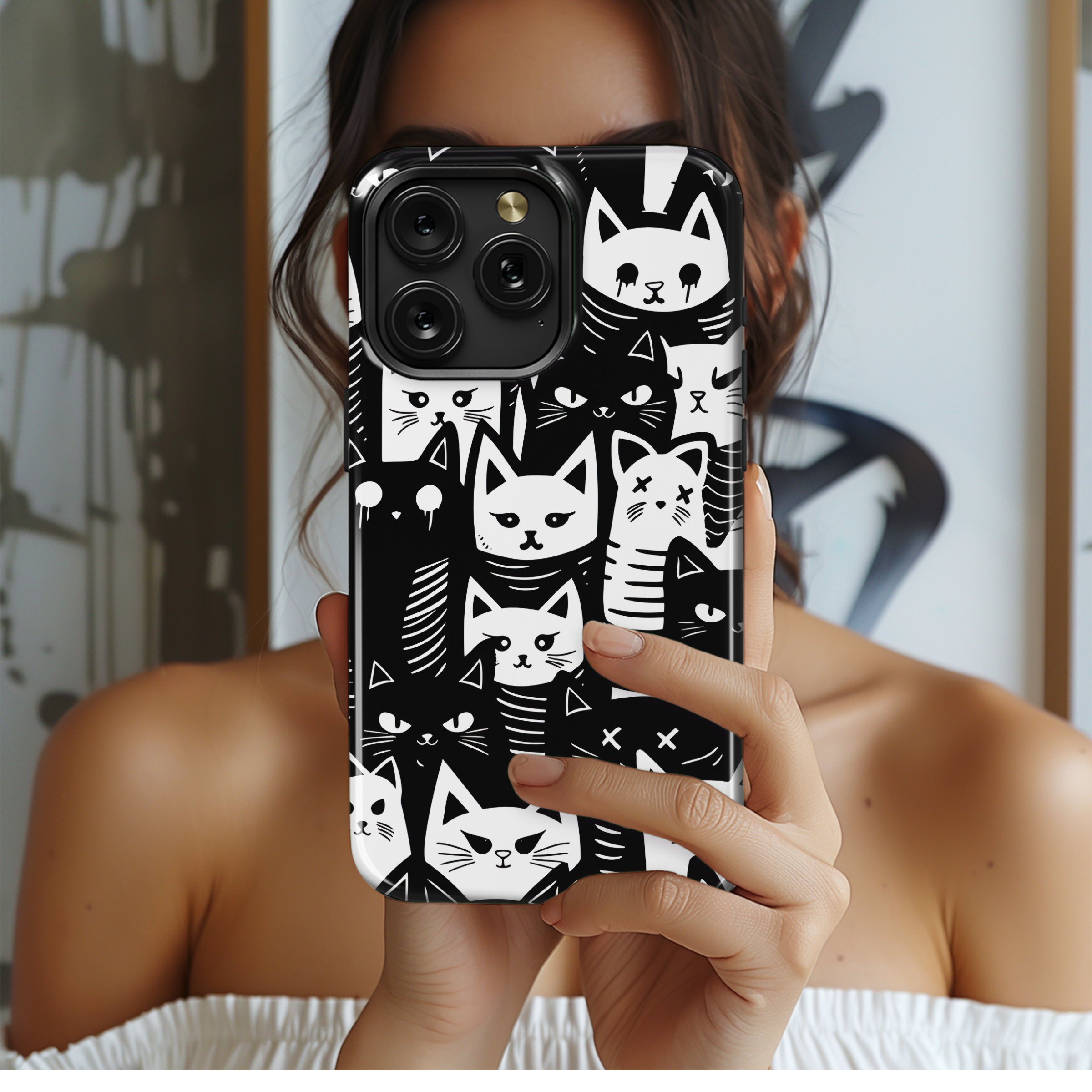 Black White Cat Doodle Phone Case iPhone Samsung Cover Pixel 2555