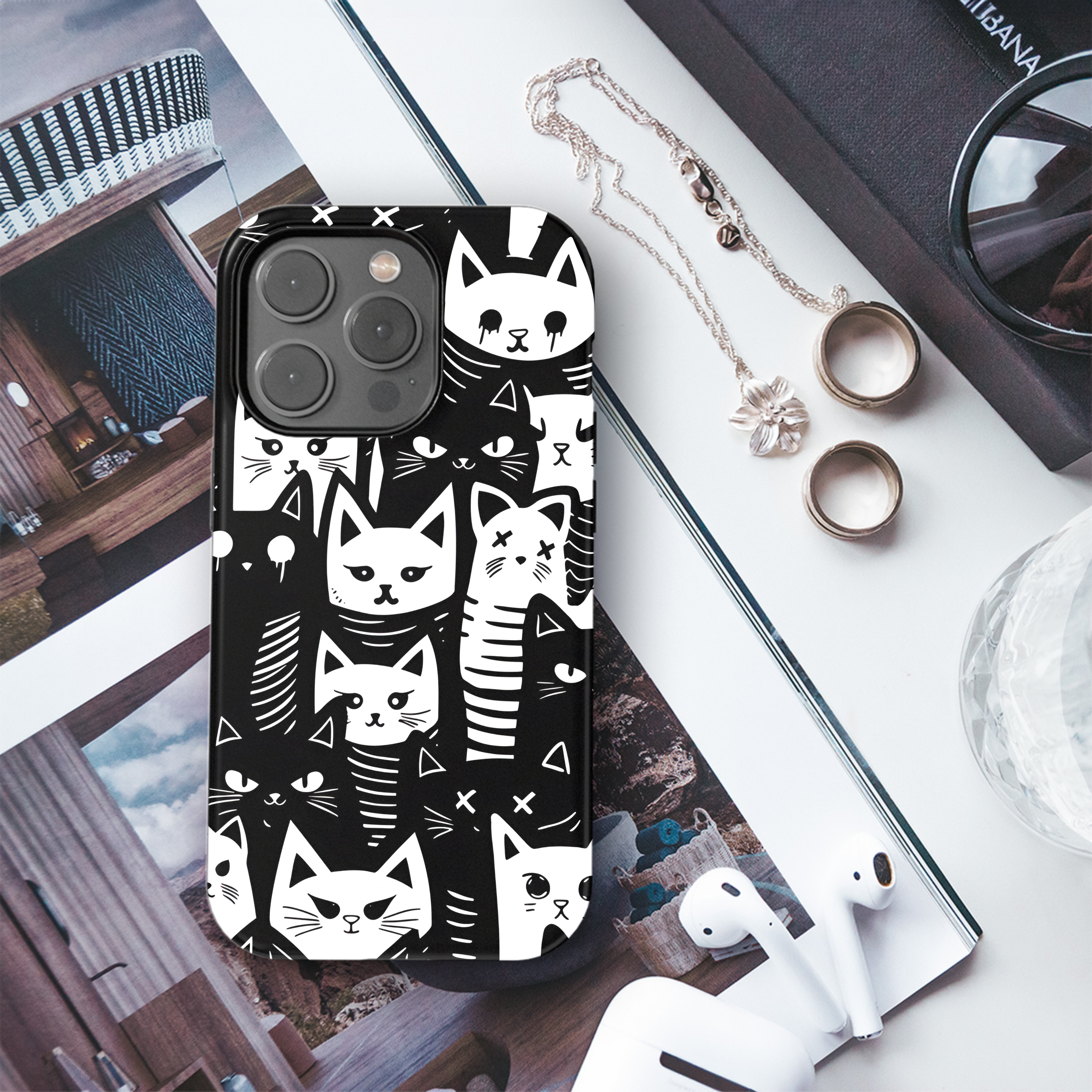 Black White Cat Doodle Phone Case iPhone Samsung Cover Pixel 2555