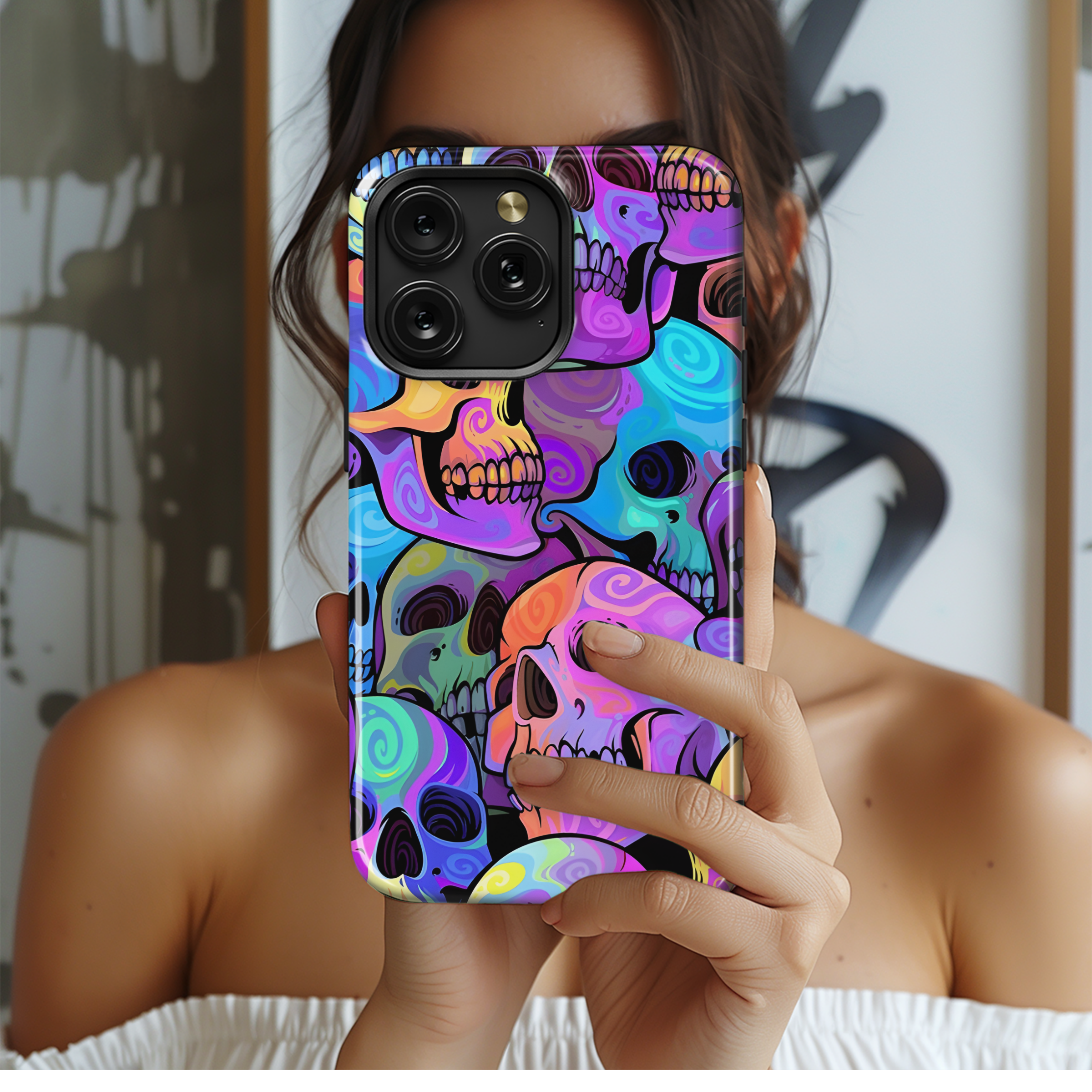 Bright Rainbow Painted Skull Seamless Pattern Phone Case iPhone Samsung Cover Pixel 2173