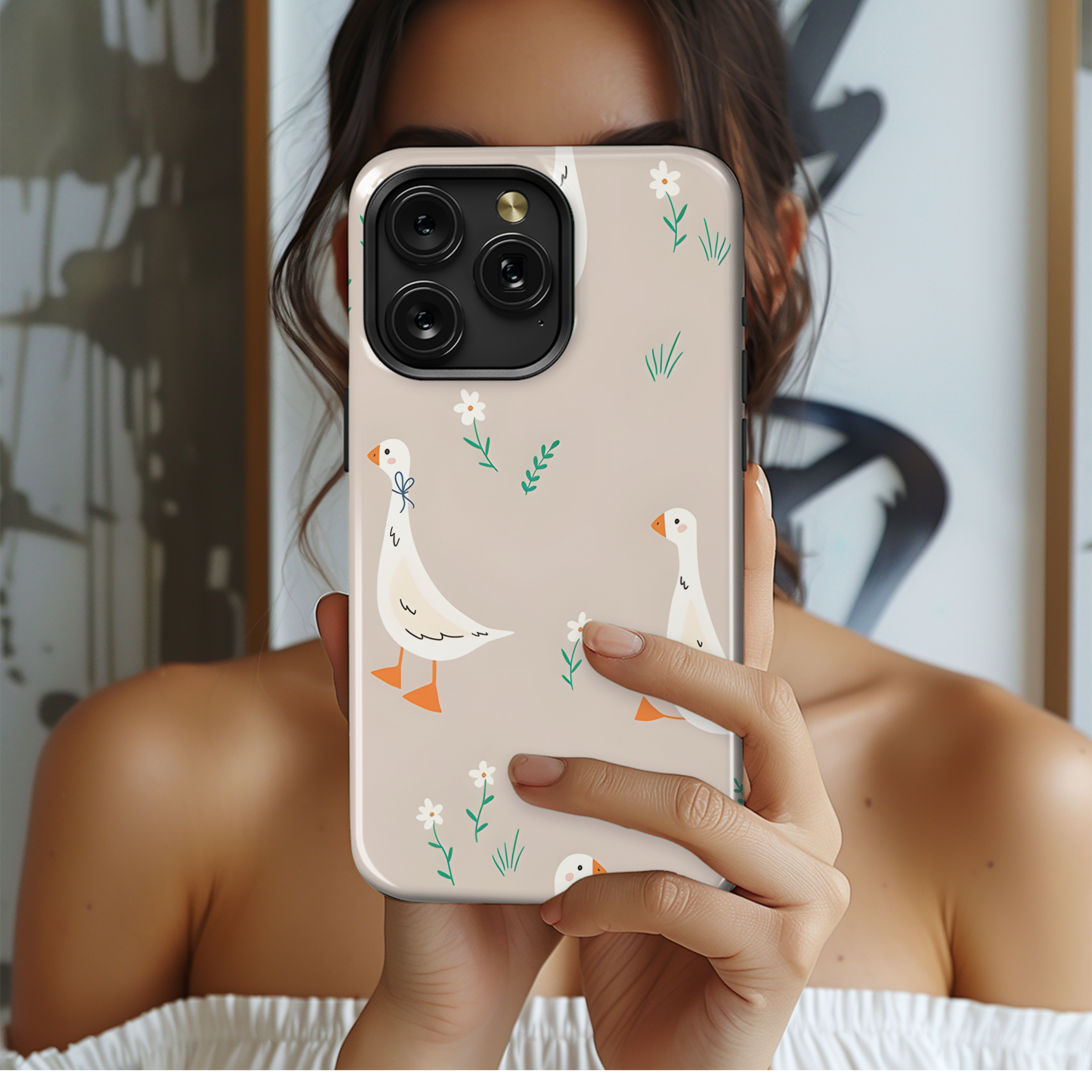 Cartoon Goose and Flowers Phone Case iPhone Samsung Cover Pixel 2676