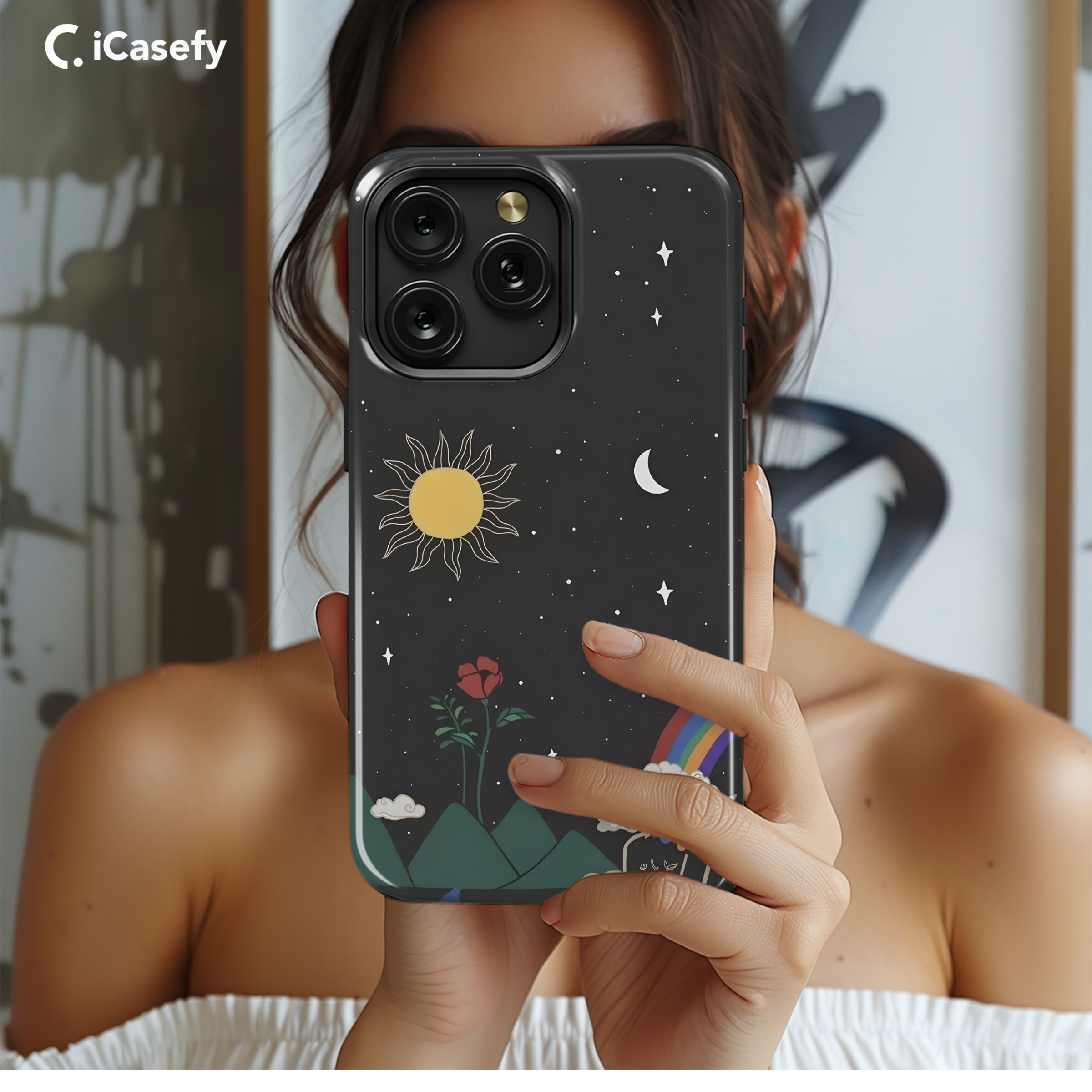 Celestial Night Drawing Sun Moon Flower Phone Case iPhone Samsung Cover Pixel 1765