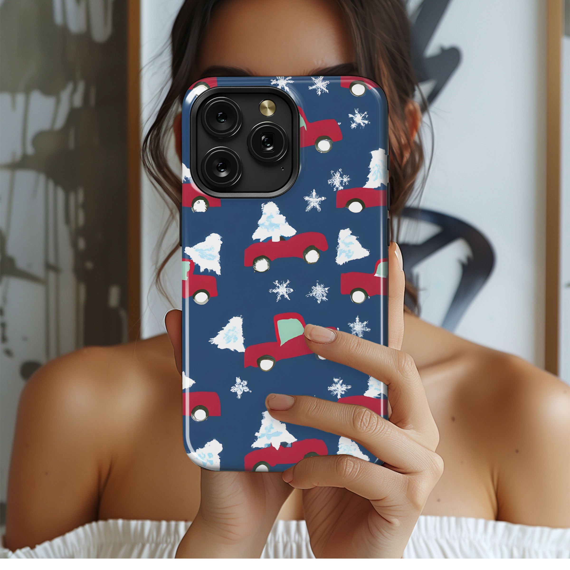 Christmas Pickup Truck Navy Snowflake Phone Case iPhone Samsung Cover Pixel 3546