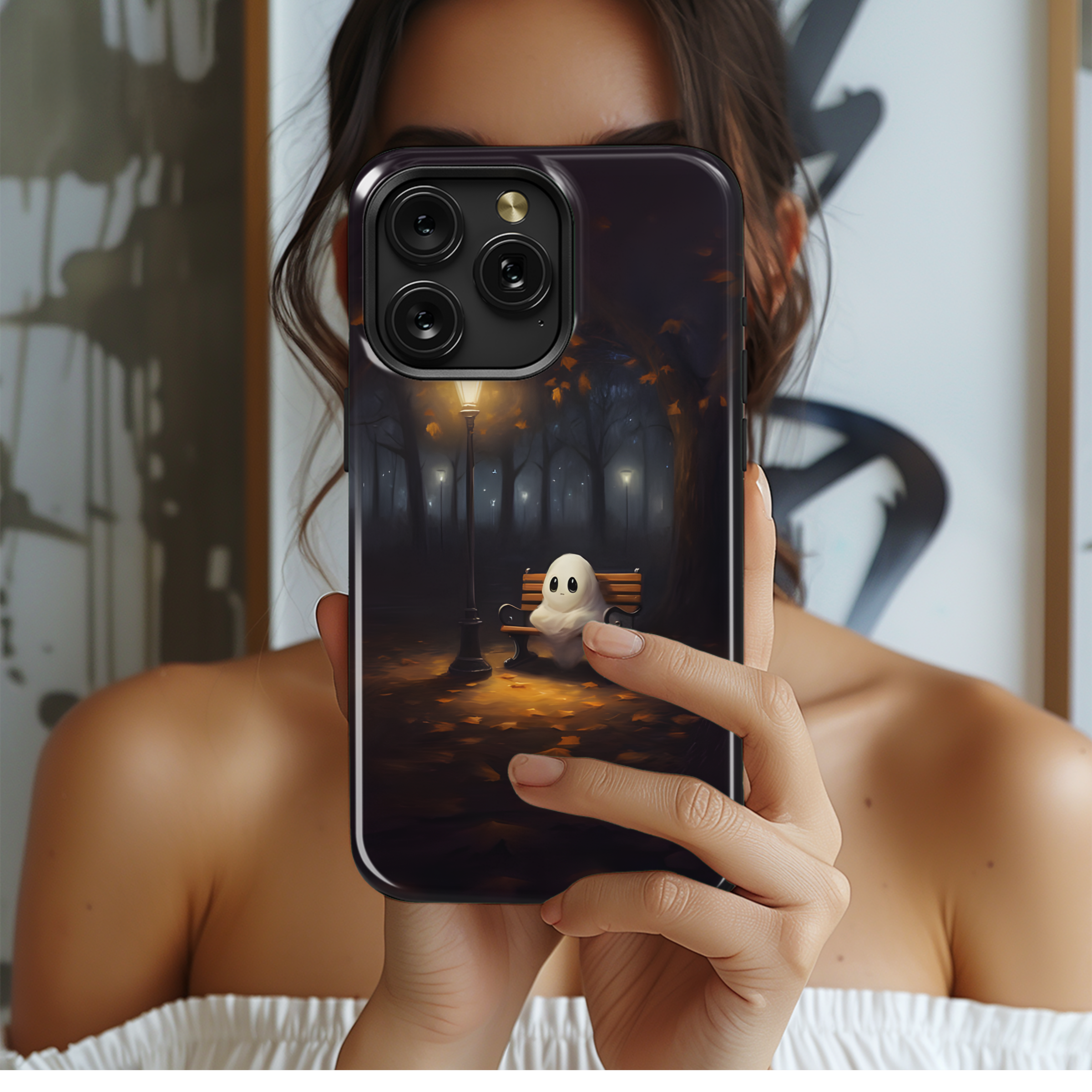 Cute Ghost on Park Bench Phone Case iPhone Samsung Cover Pixel 2040