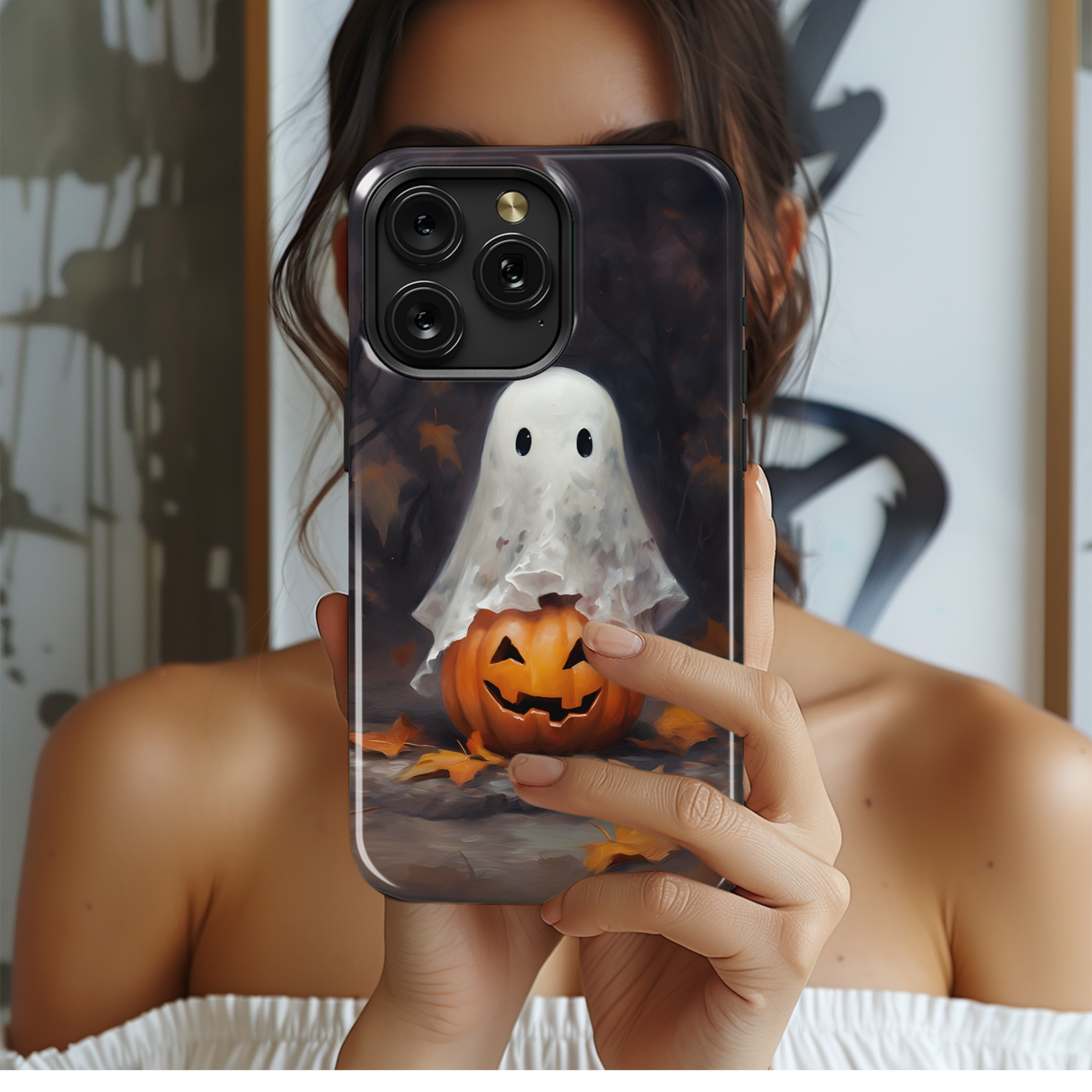 Cute Ghost with Pumpkin Phone Case iPhone Samsung Cover Pixel 2039