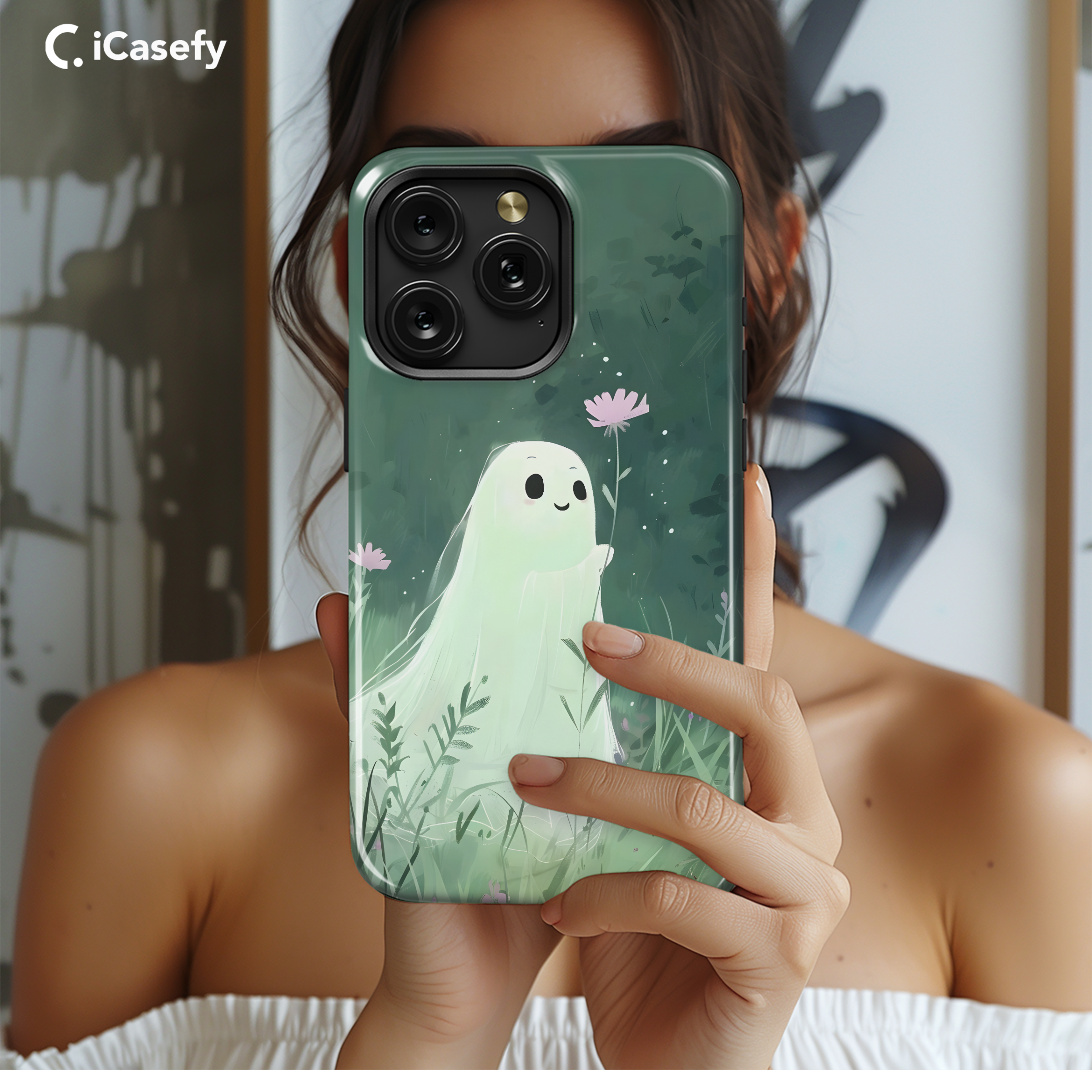 Cute Little Spooky Ghost with Flower Phone Case iPhone Samsung Cover Pixel 1968