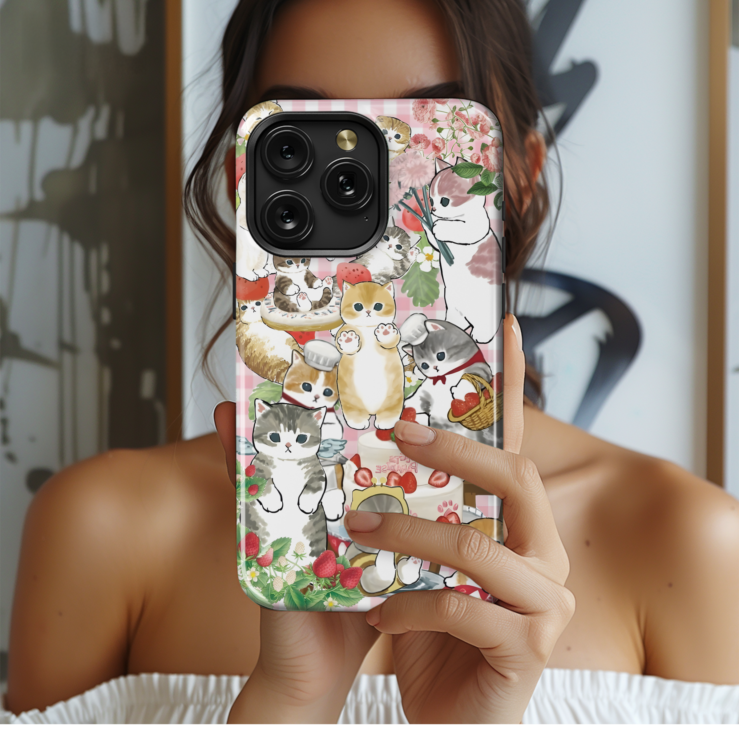 Drawed Funny Cute Strawberry Cat Phone Case iPhone Samsung Cover Pixel 2029