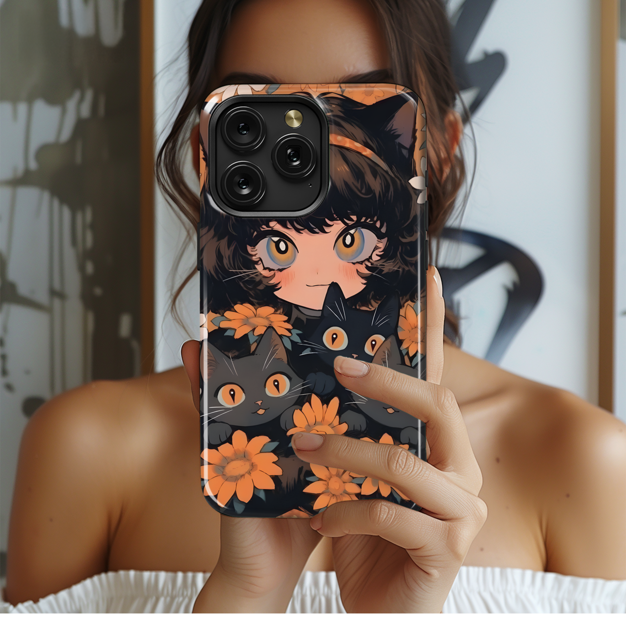 Girl and Black Cats Flowers Phone Case iPhone Samsung Cover Pixel 3638