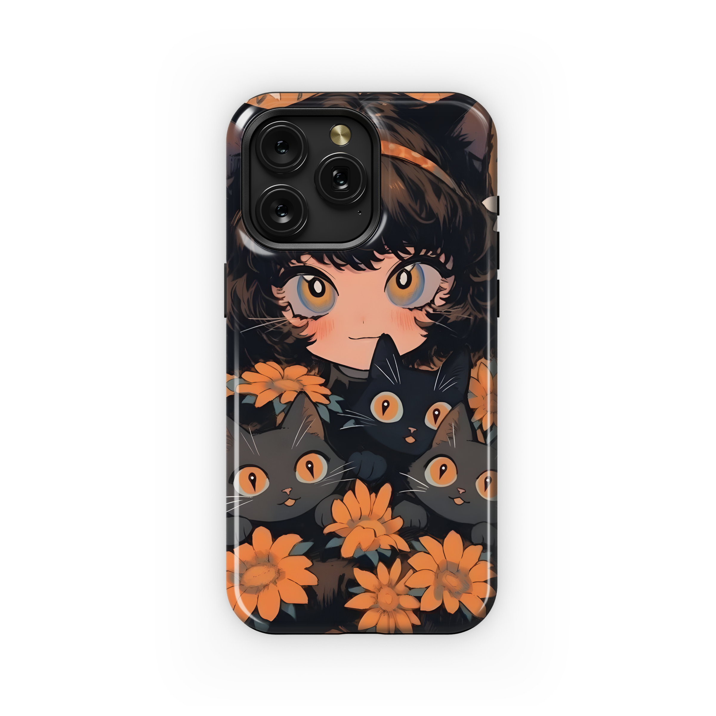 Girl and Black Cats Flowers Phone Case iPhone Samsung Cover Pixel 3638