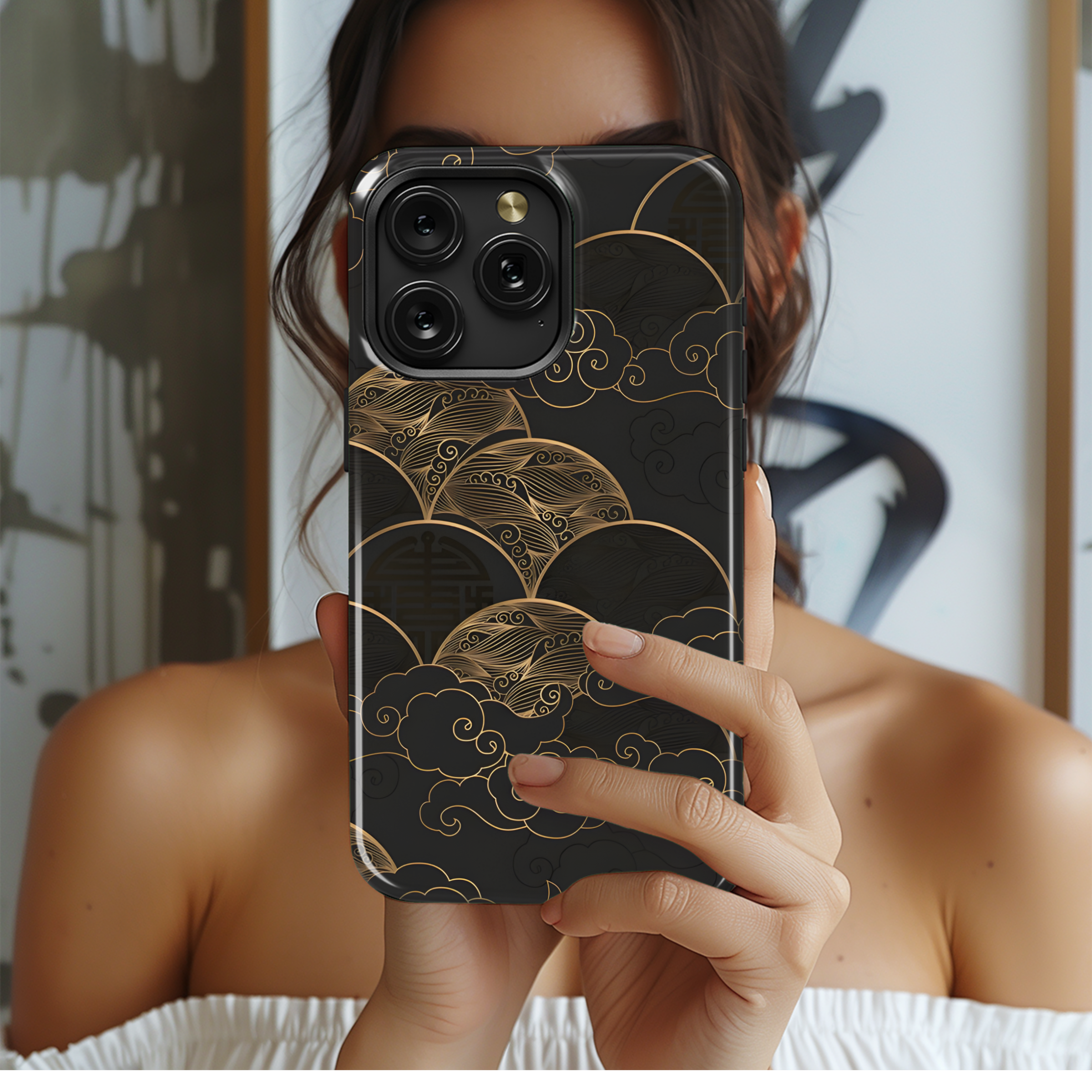 Gold Waves Clouds Japanese Phone Case iPhone Samsung Cover Pixel 2510