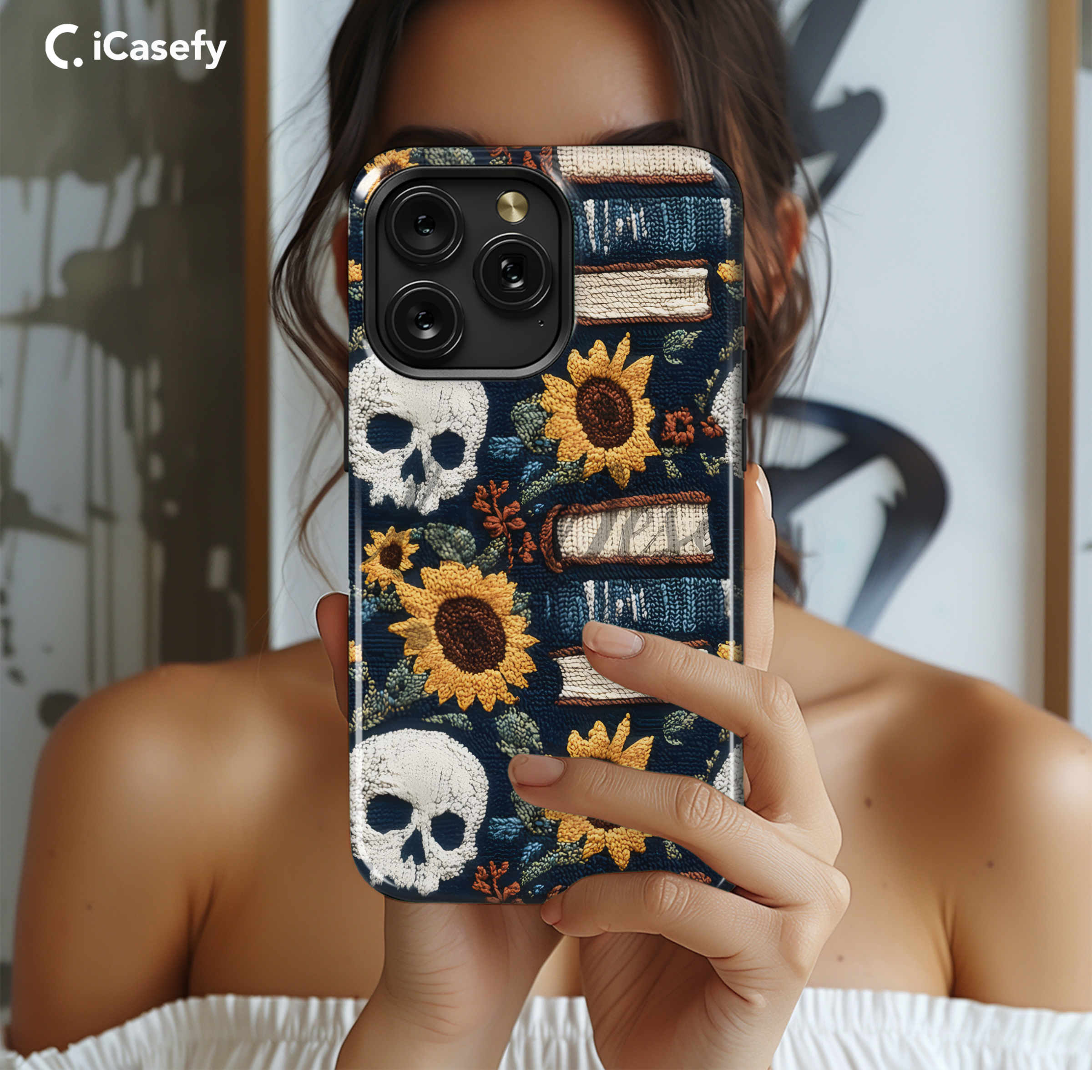 Gothic Book Lover Skull Sun Flower Embroidery Phone Case iPhone Samsung Cover Pixel 1937