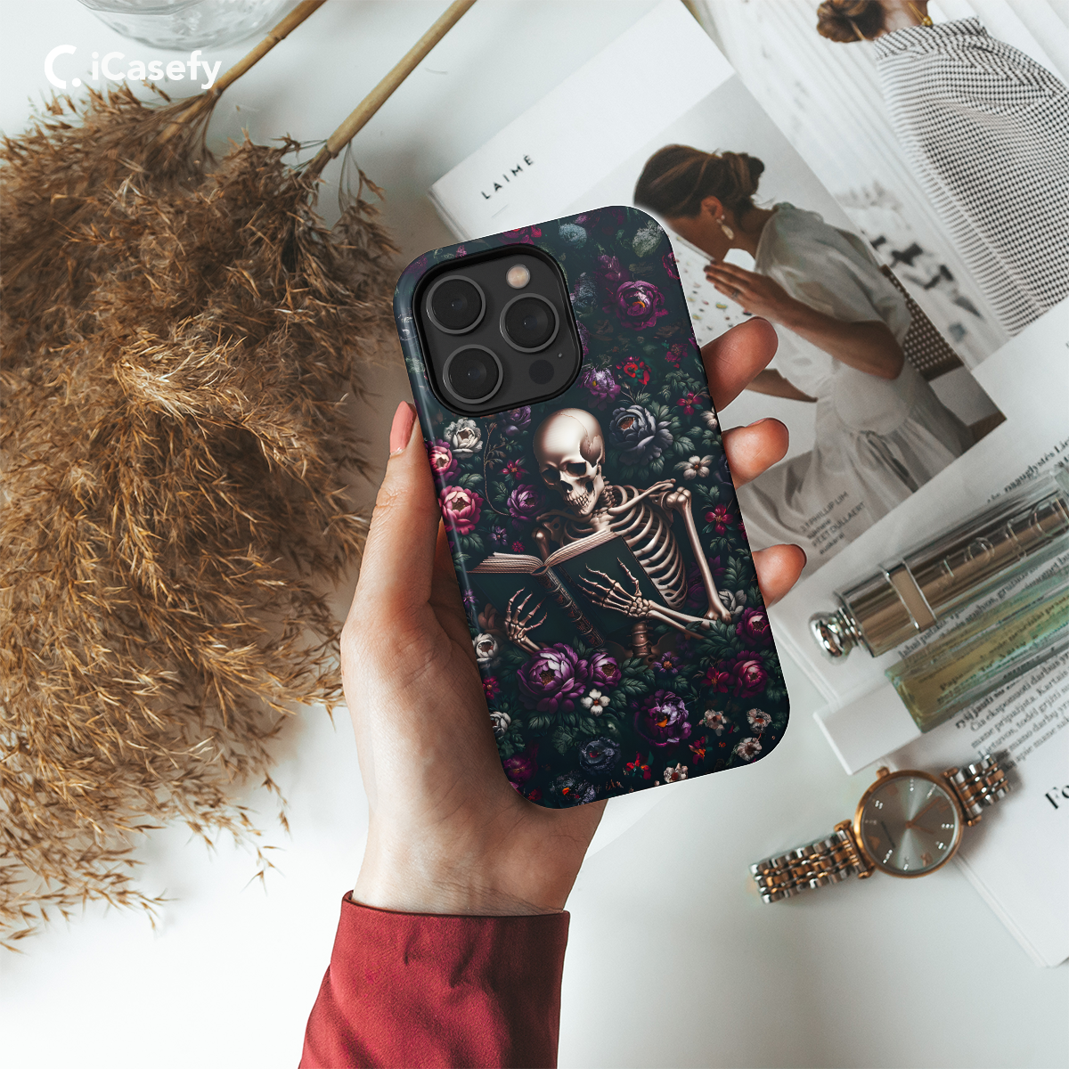 Gothic Skeleton Book Reading Floral Phone Case iPhone Samsung Cover Pixel 1691