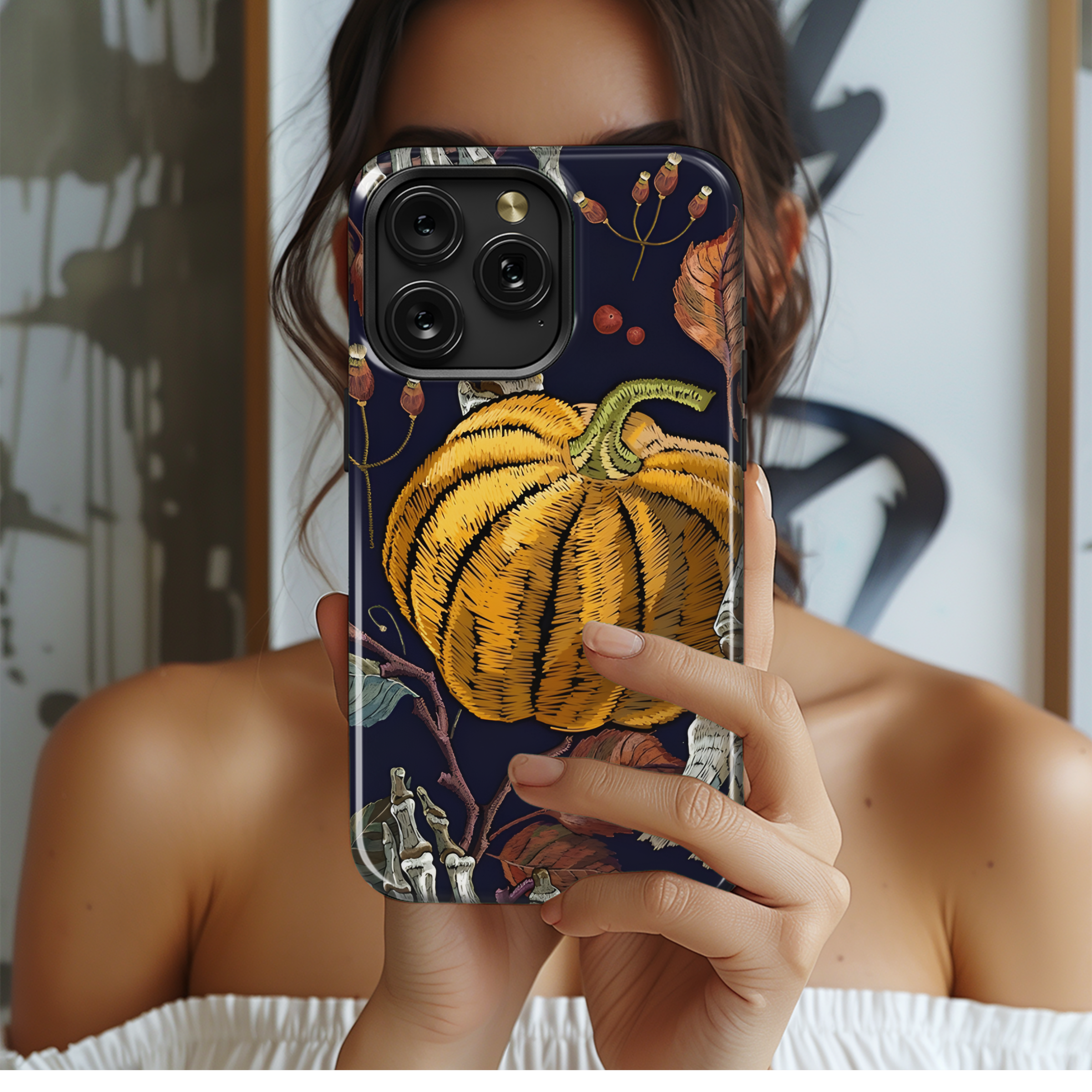 Halloween Autumn Pumpkin Leaves Skeleton Hands Embroidery Phone Case iPhone Samsung Cover Pixel 2299