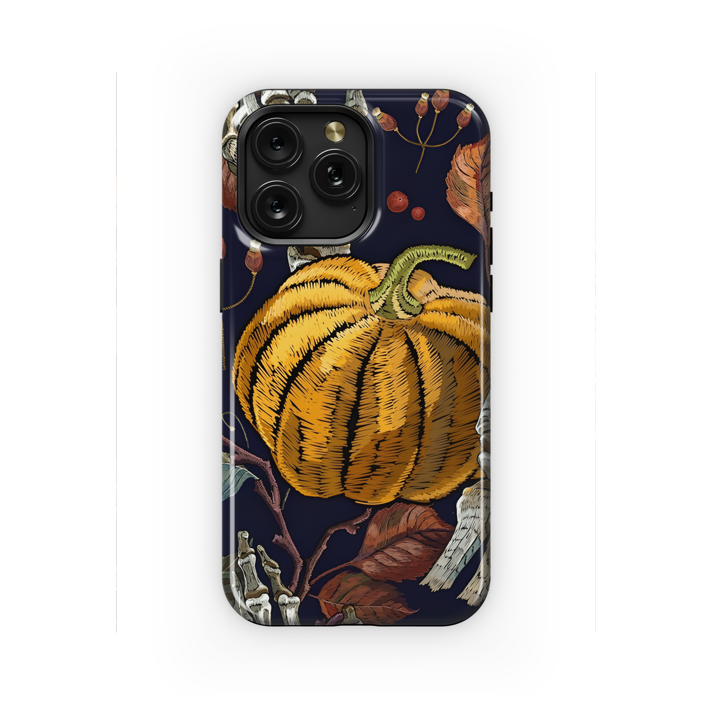 Halloween Autumn Pumpkin Leaves Skeleton Hands Embroidery Phone Case iPhone Samsung Cover Pixel 2299