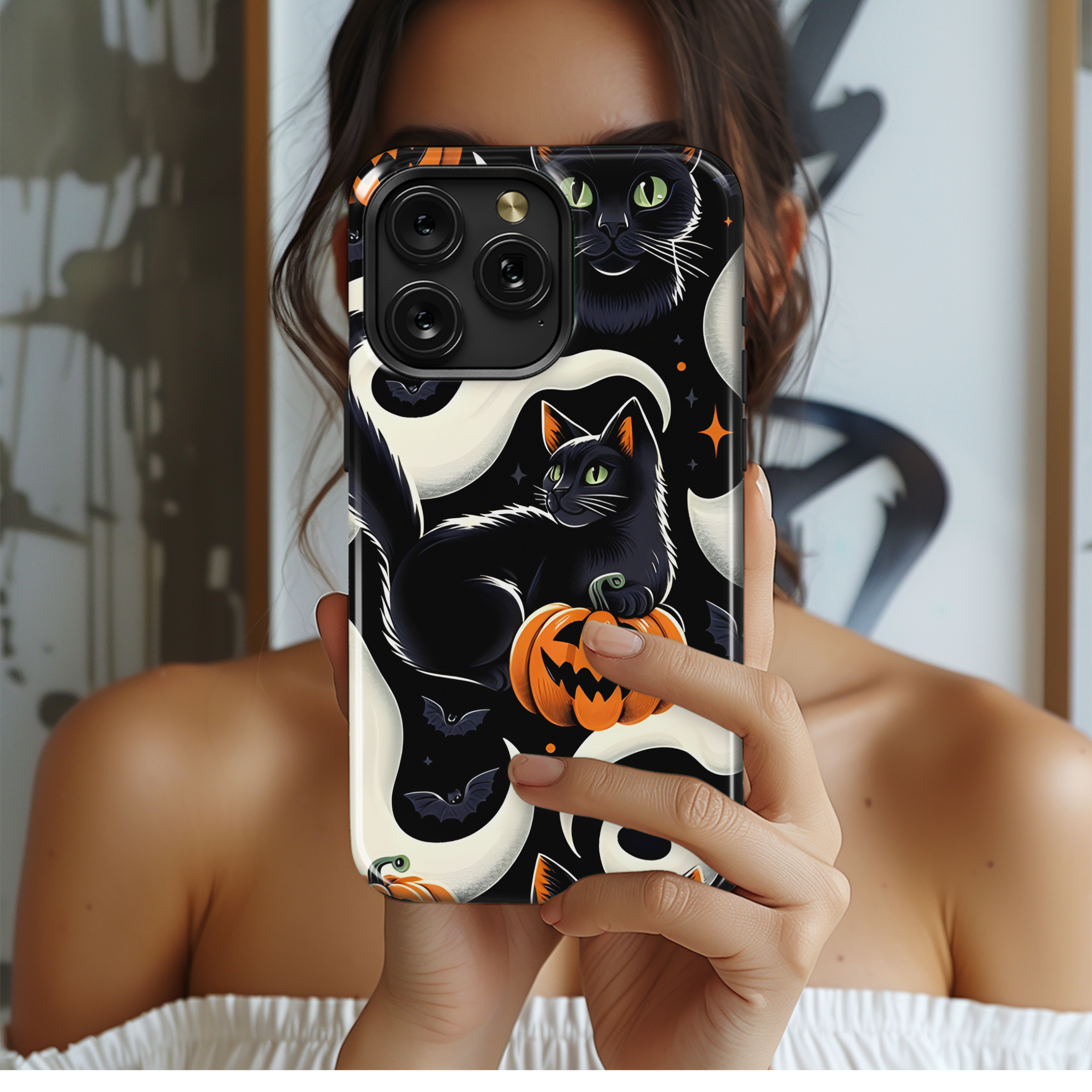 Halloween Black Cats Pumpkins Ghost Phone Case iPhone Samsung Cover Pixel 3375