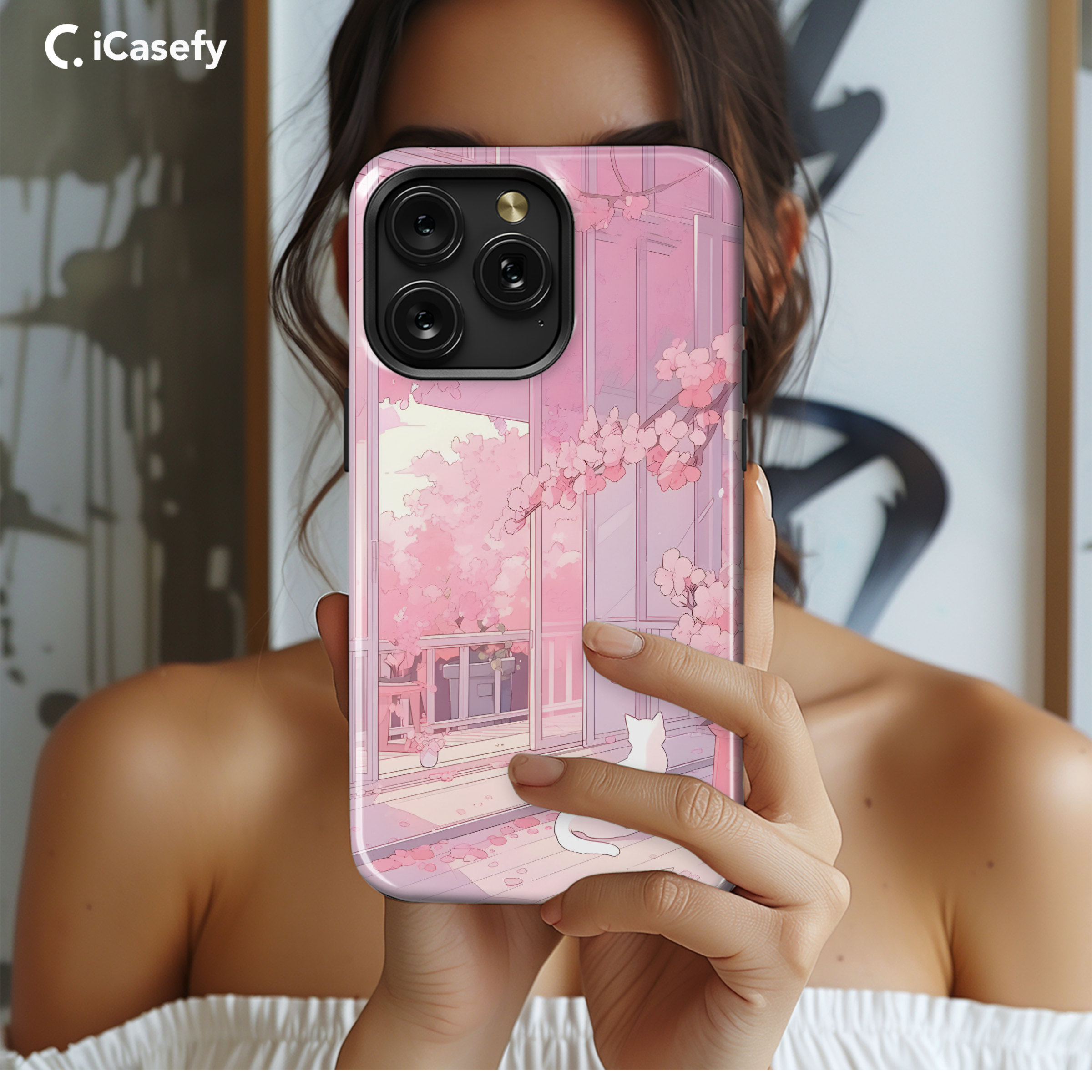 Japanese White Cat Cherry Blossom Sakura  Phone Case iPhone Samsung Cover Pixel 1907