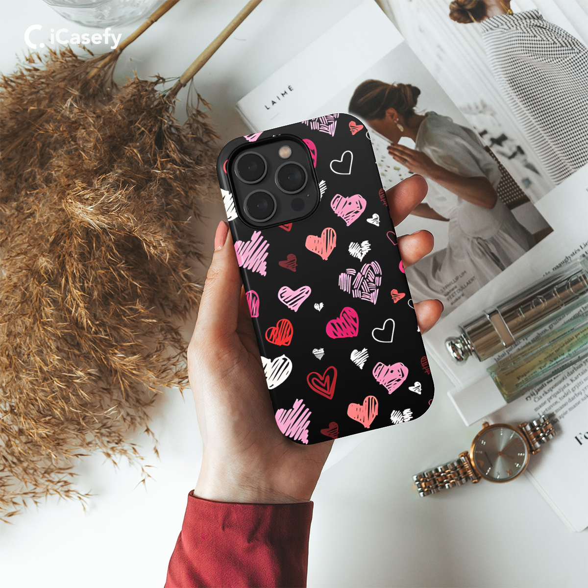 Love Core Pink Dark Seamless Hearts Phone Case iPhone Samsung Cover Pixel 1633