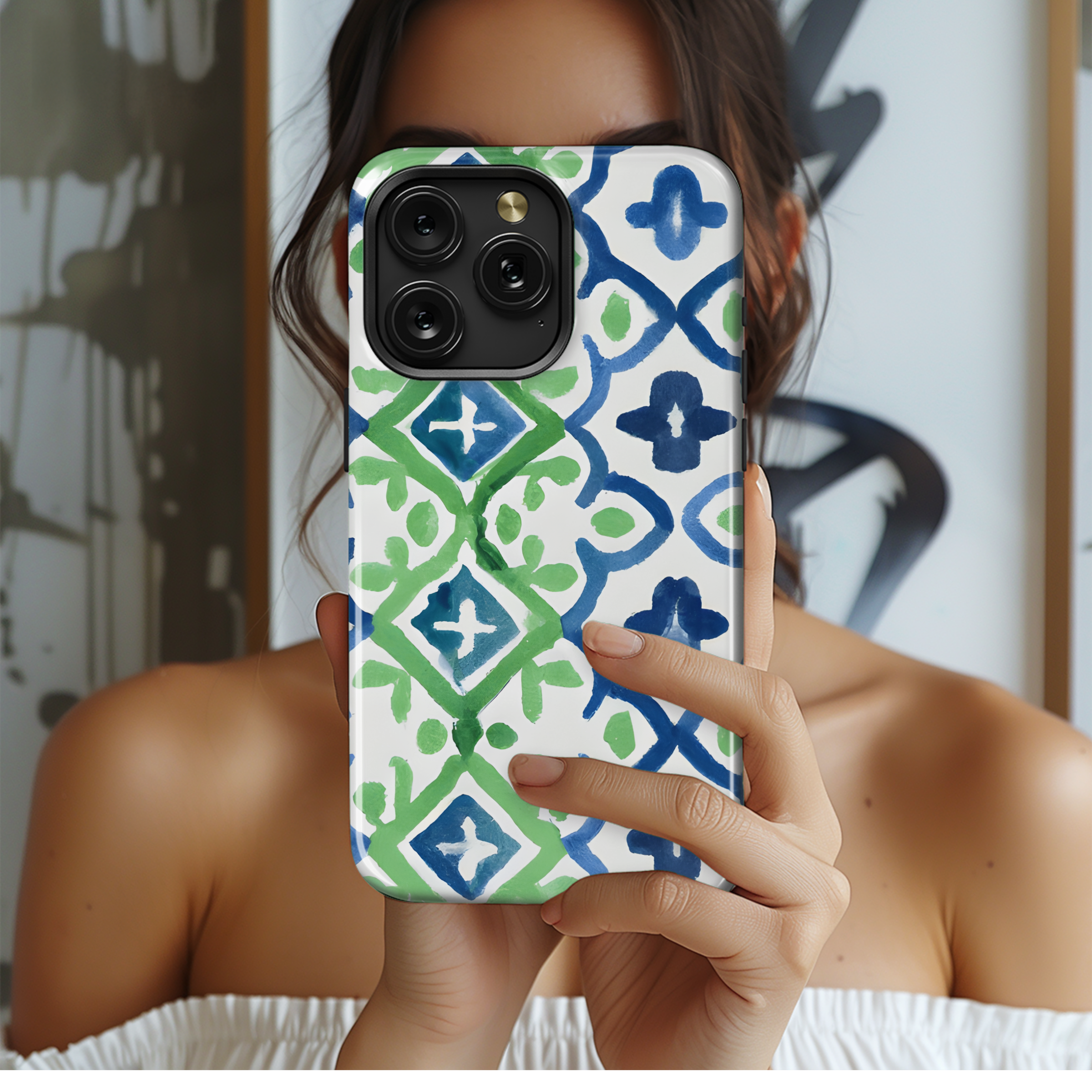 Moroccan Ogee Indigo Green Watercolor Phone Case iPhone Samsung Cover Pixel 2924