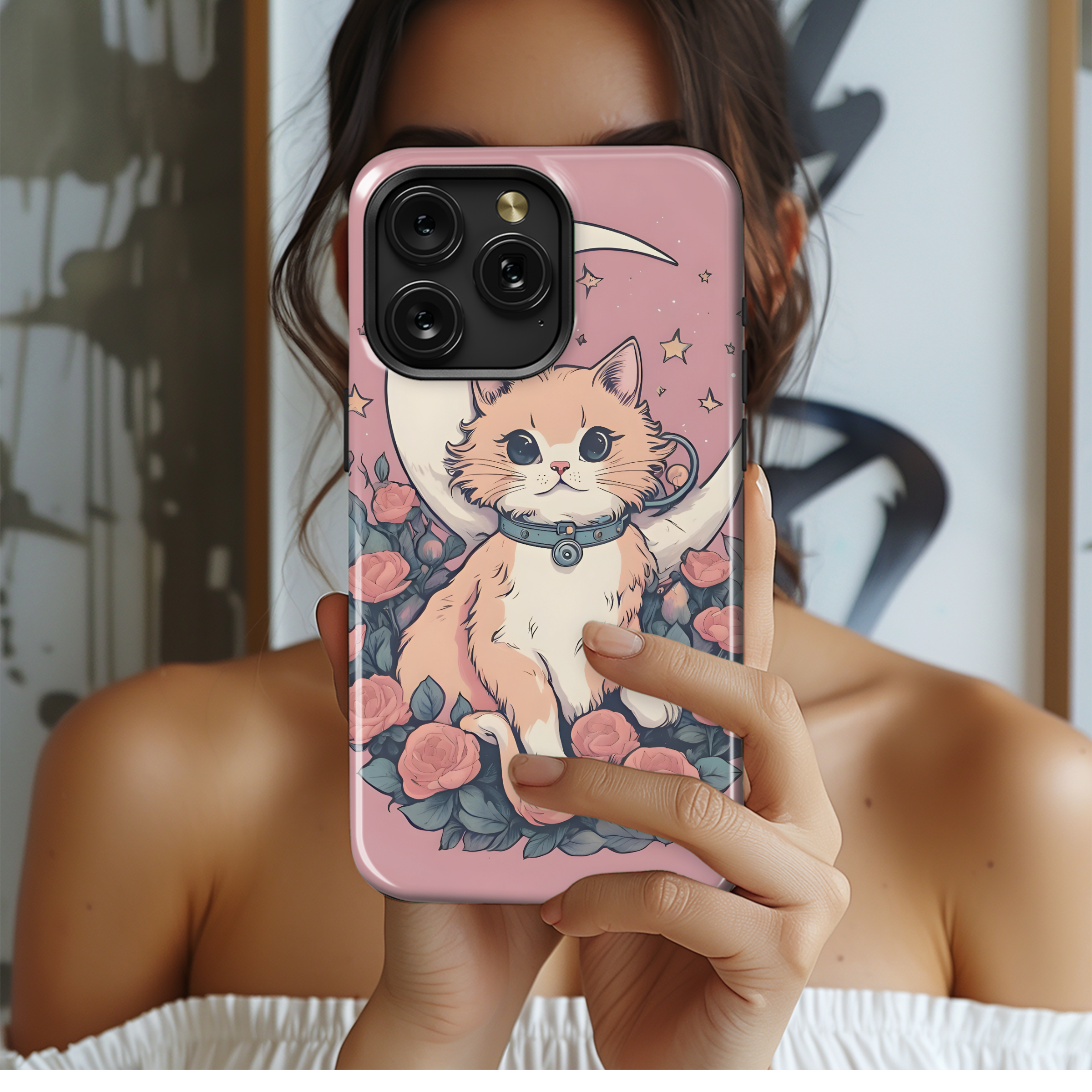 Pink Flower Cat Moon Phone Case iPhone Samsung Cover Pixel 3644