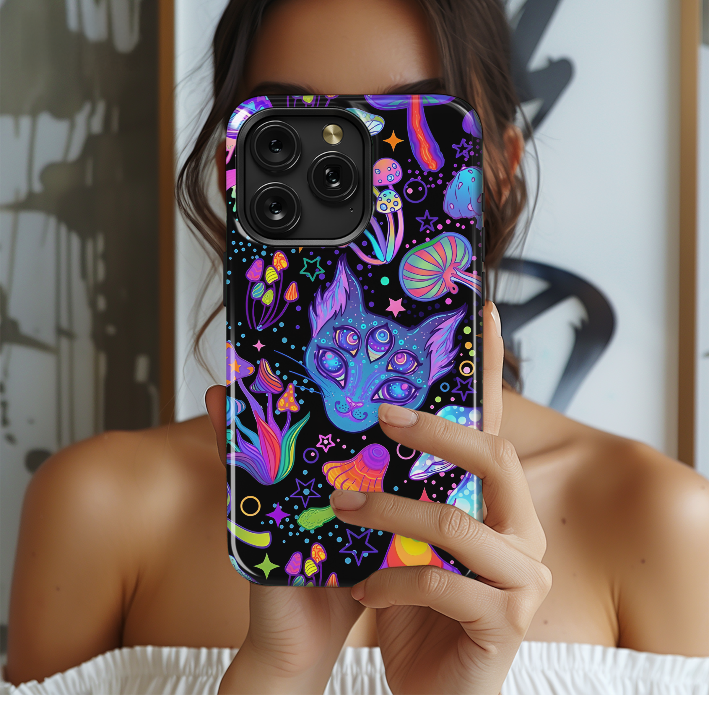 Psychedelic Hippie Magic Cat Mushroom Phone Case iPhone Samsung Cover Pixel 2672