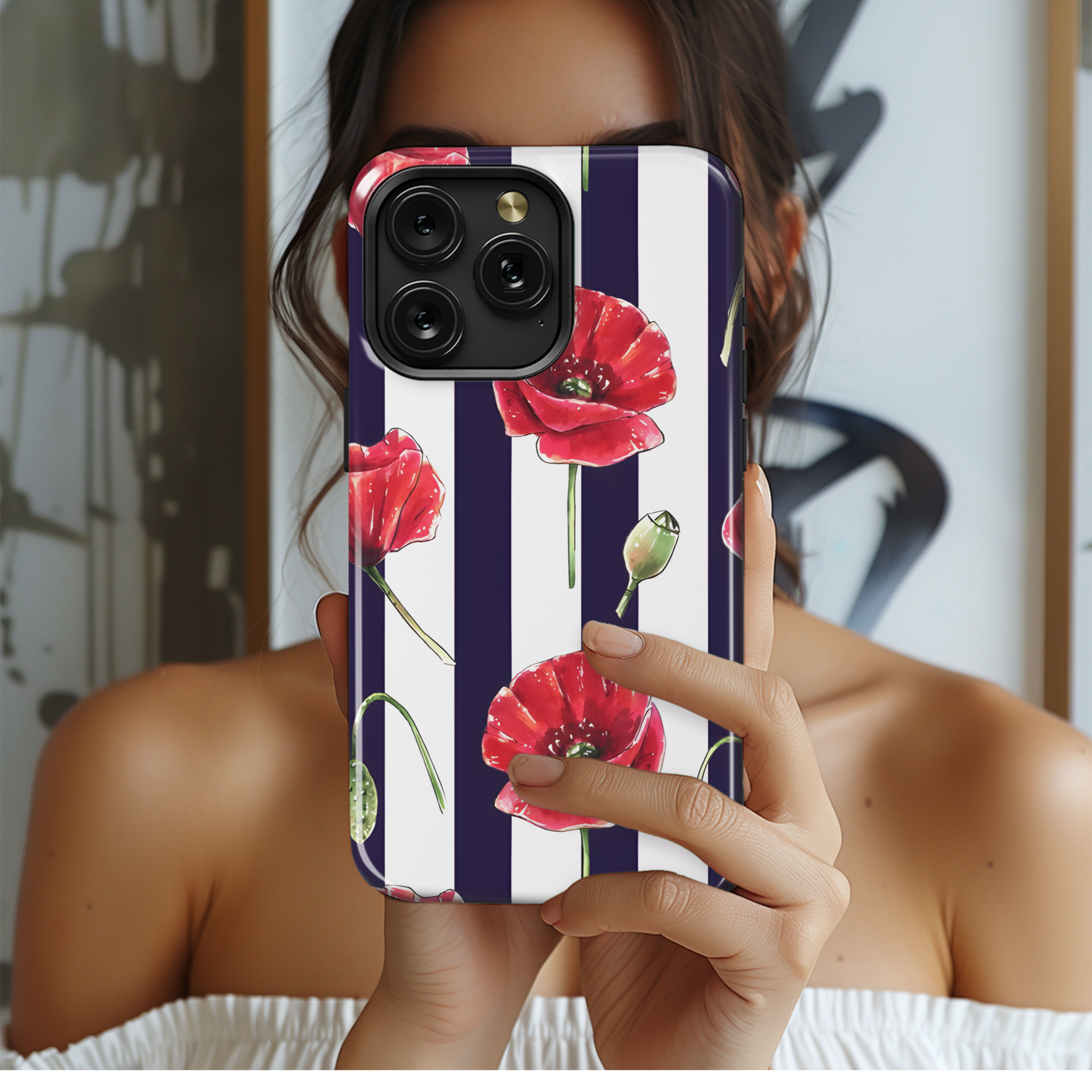 Red Poppy Flowers Striped Phone Case iPhone Samsung Cover Pixel 2572