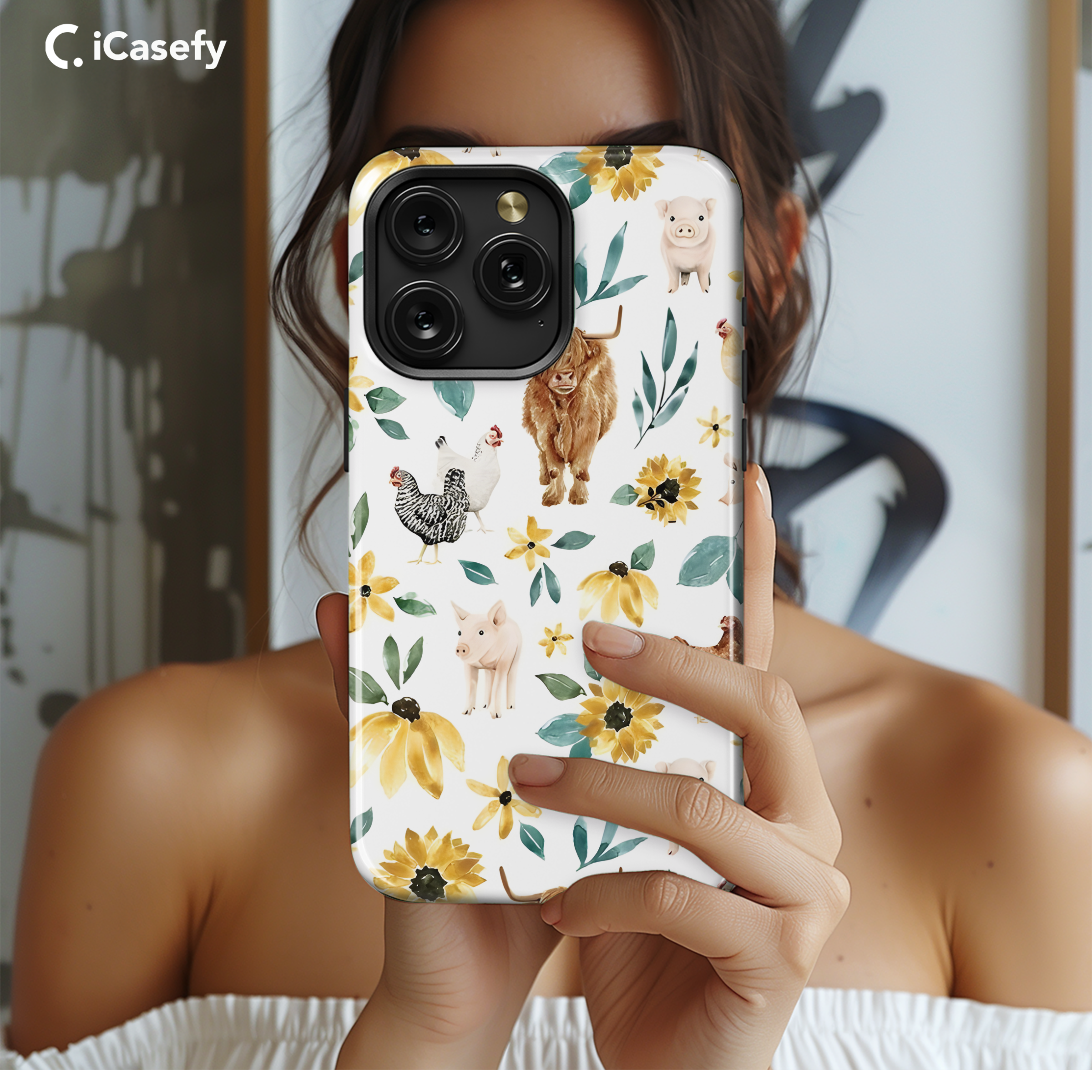 Seamless Animal Chicken Pig Bull Sunflower Phone Case iPhone Samsung Cover Pixel 1838