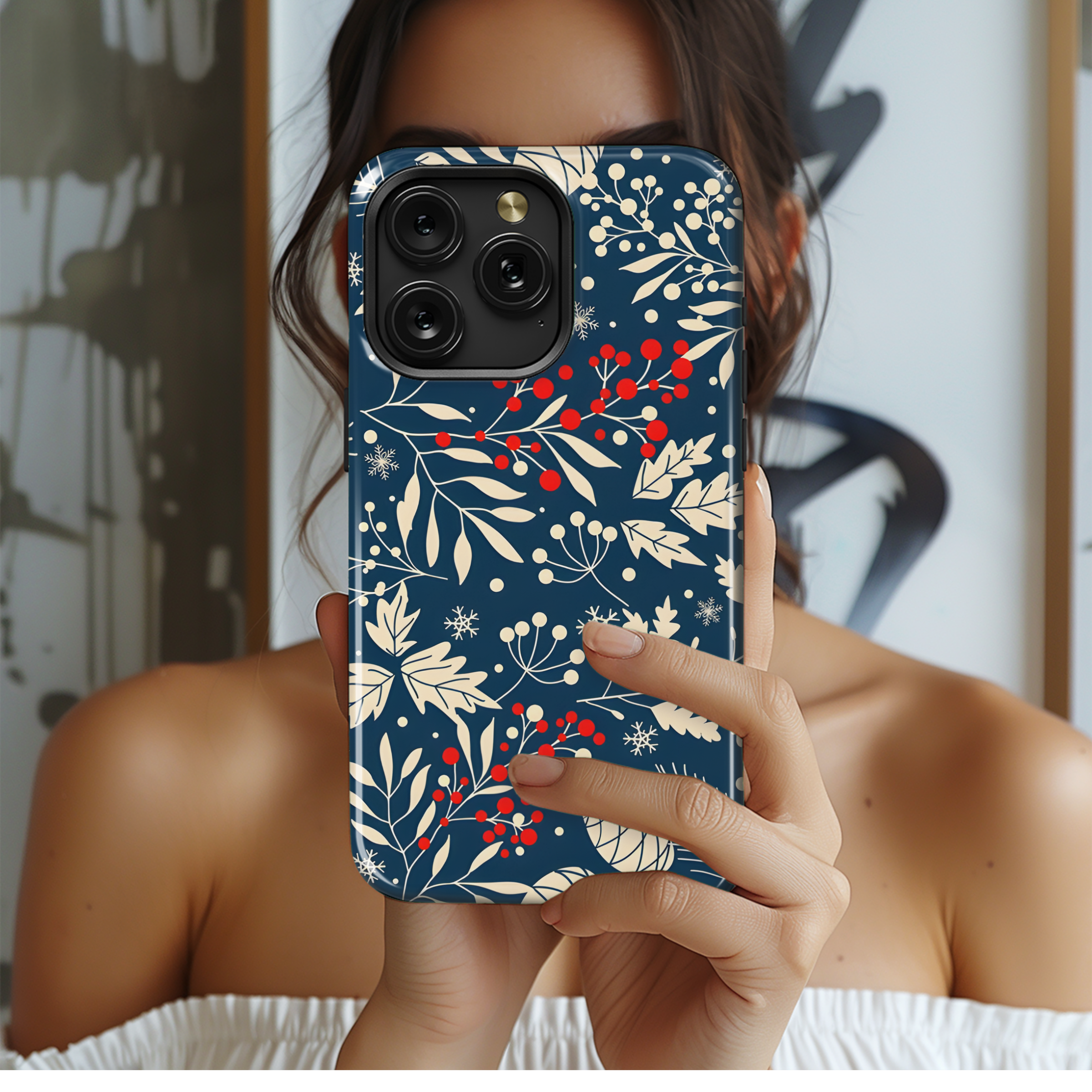 Seamless Winter Pattern with Fir Cone, Holly and Berries Phone Case iPhone Samsung Cover Pixel 2161