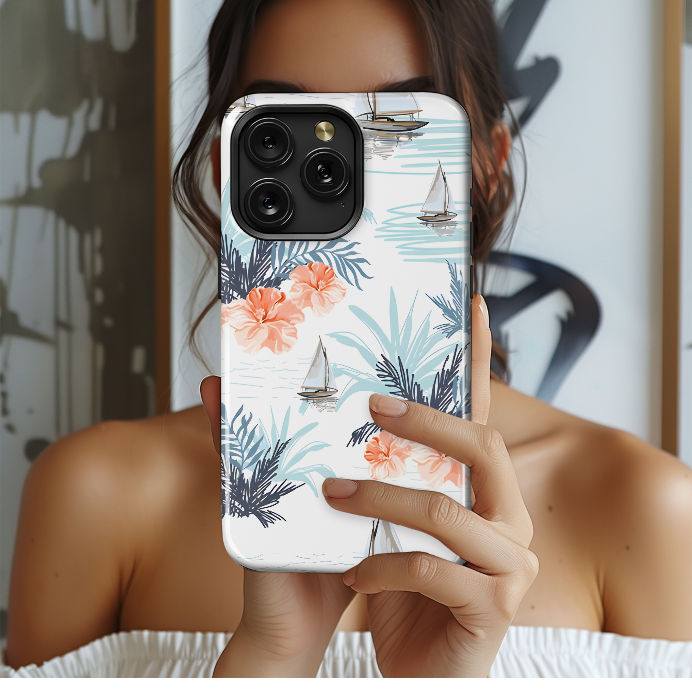 Tropical Coconut Palm Sailboat Hibiscus Phone Case iPhone Samsung Cover Pixel 2687