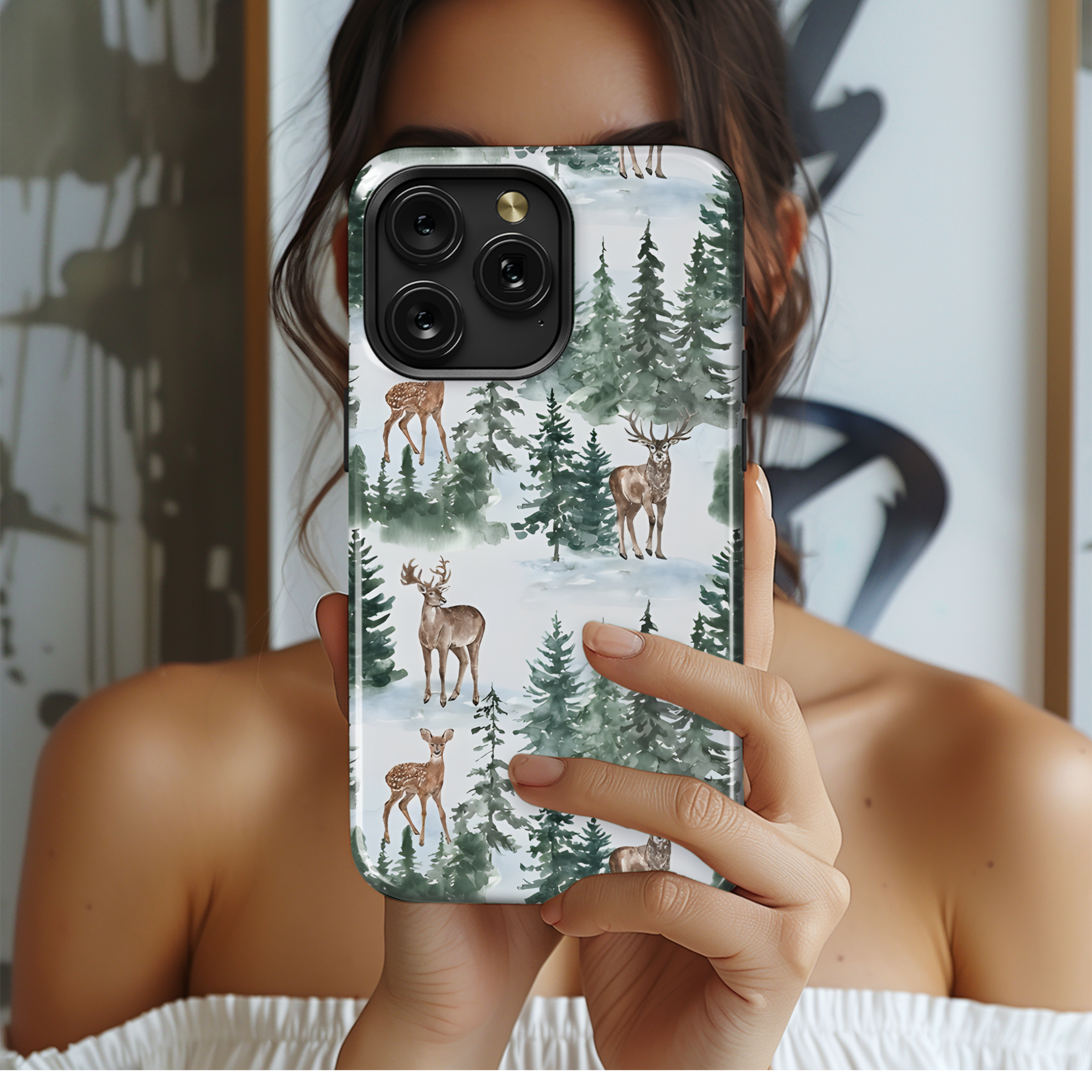 Watercolor Christmas Forest Deer Seamless Pattern Phone Case iPhone Samsung Cover Pixel 2127