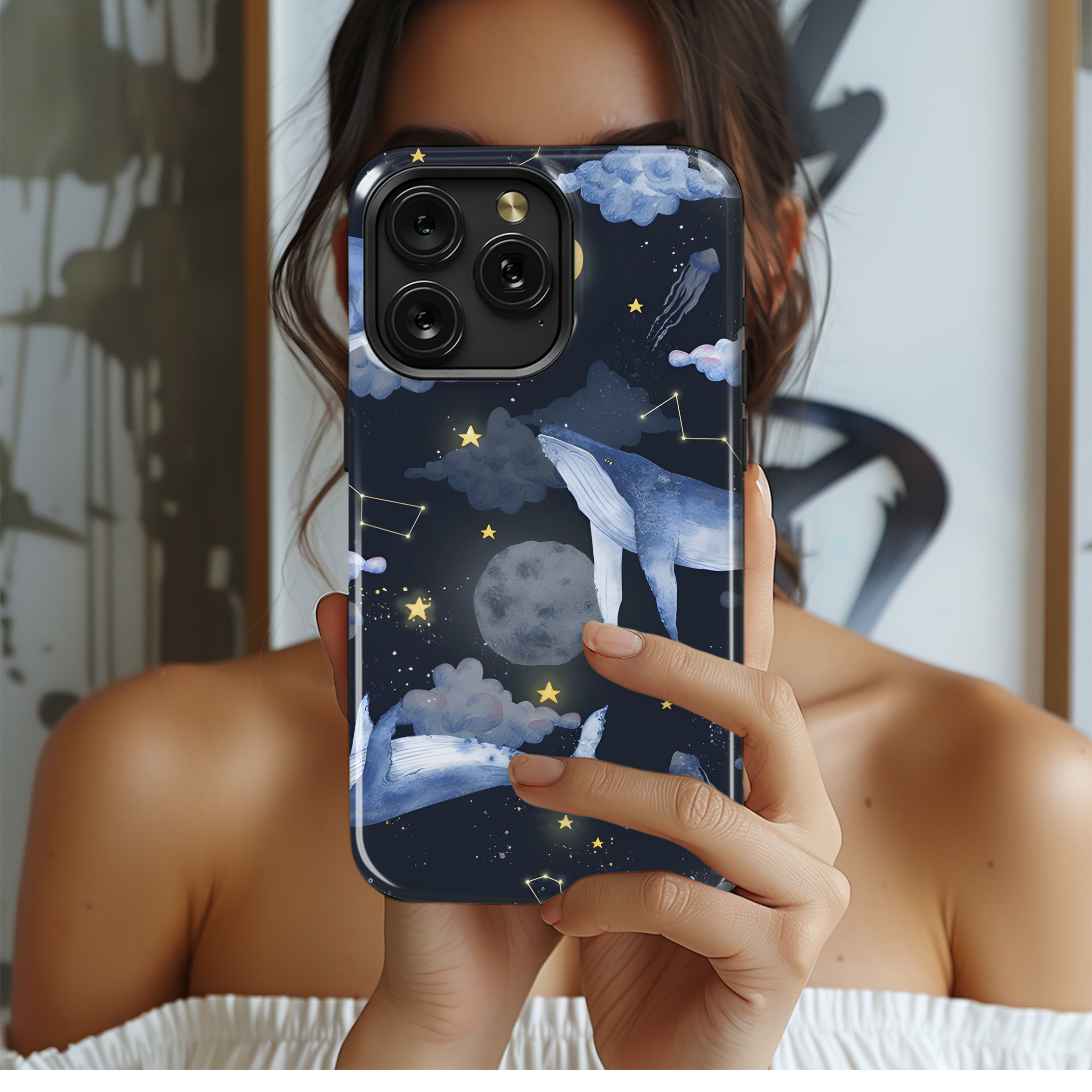 Watercolor Whales Space Clouds Phone Case iPhone Samsung Cover Pixel 2636