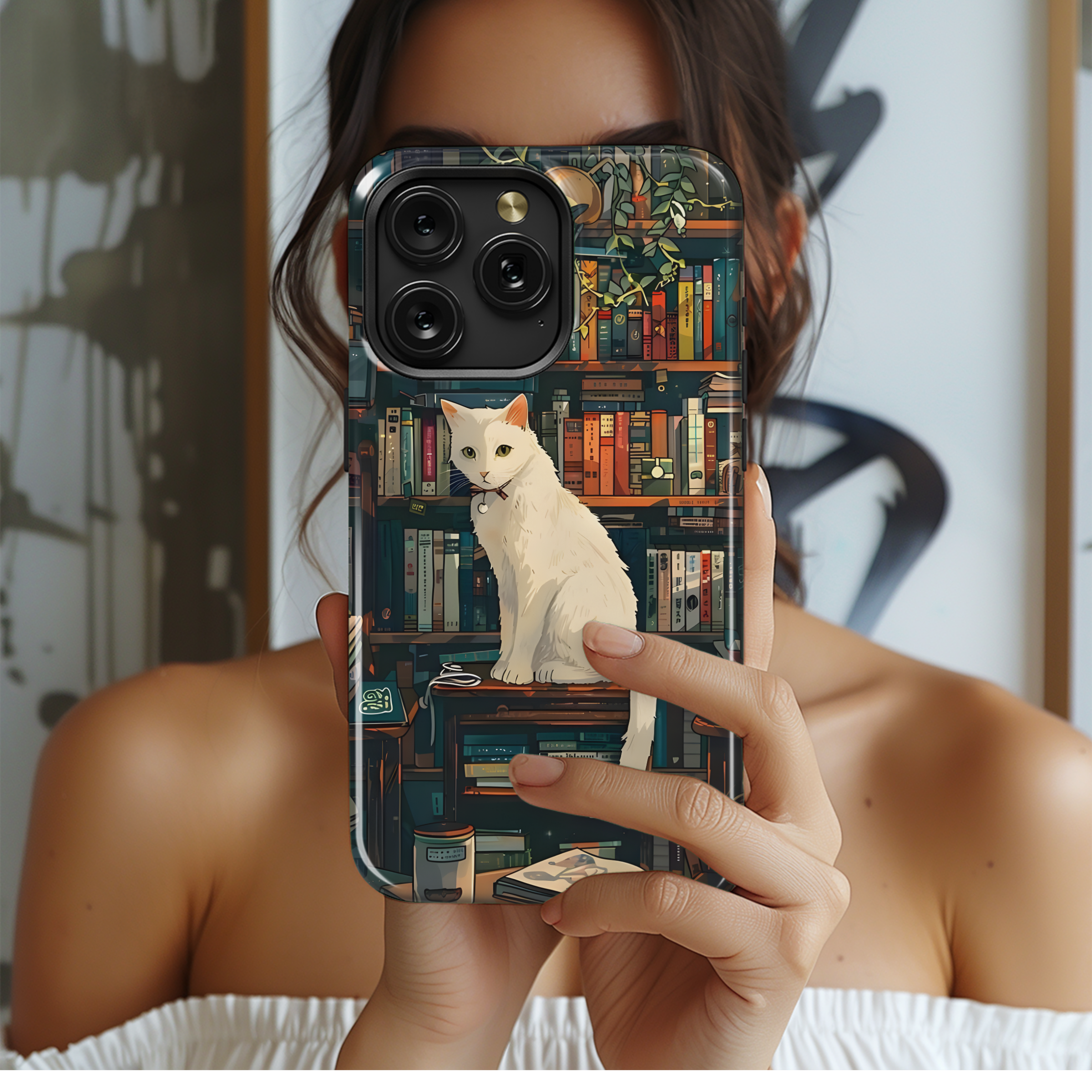 White Cat Book Shelf Phone Case iPhone Samsung Cover Pixel 3565