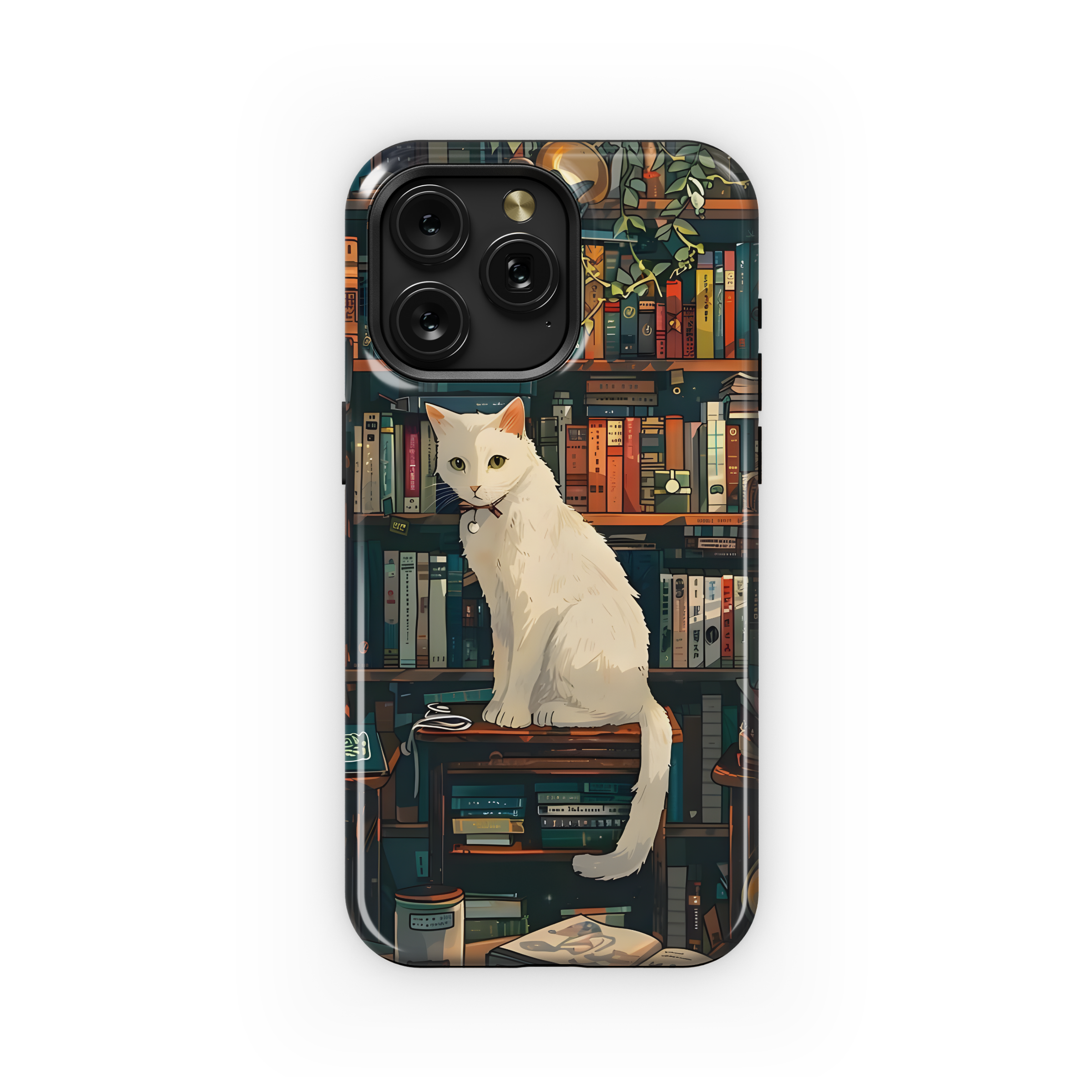 White Cat Book Shelf Phone Case iPhone Samsung Cover Pixel 3565