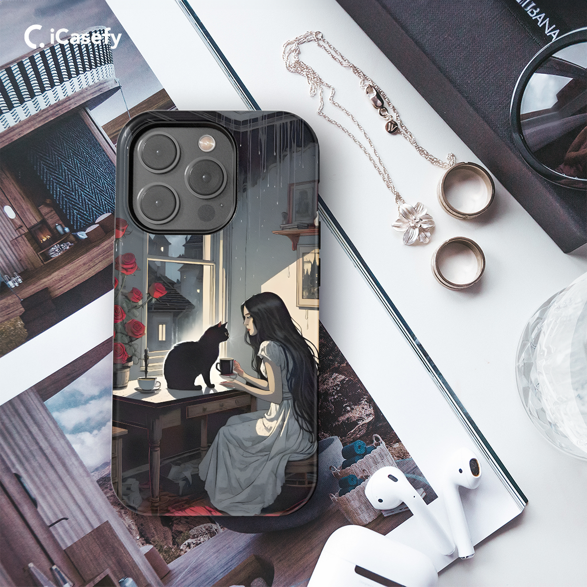 Aesthetic Night Black Cat with Woman Phone Case iPhone Samsung Cover Pixel 1023 - Image 3