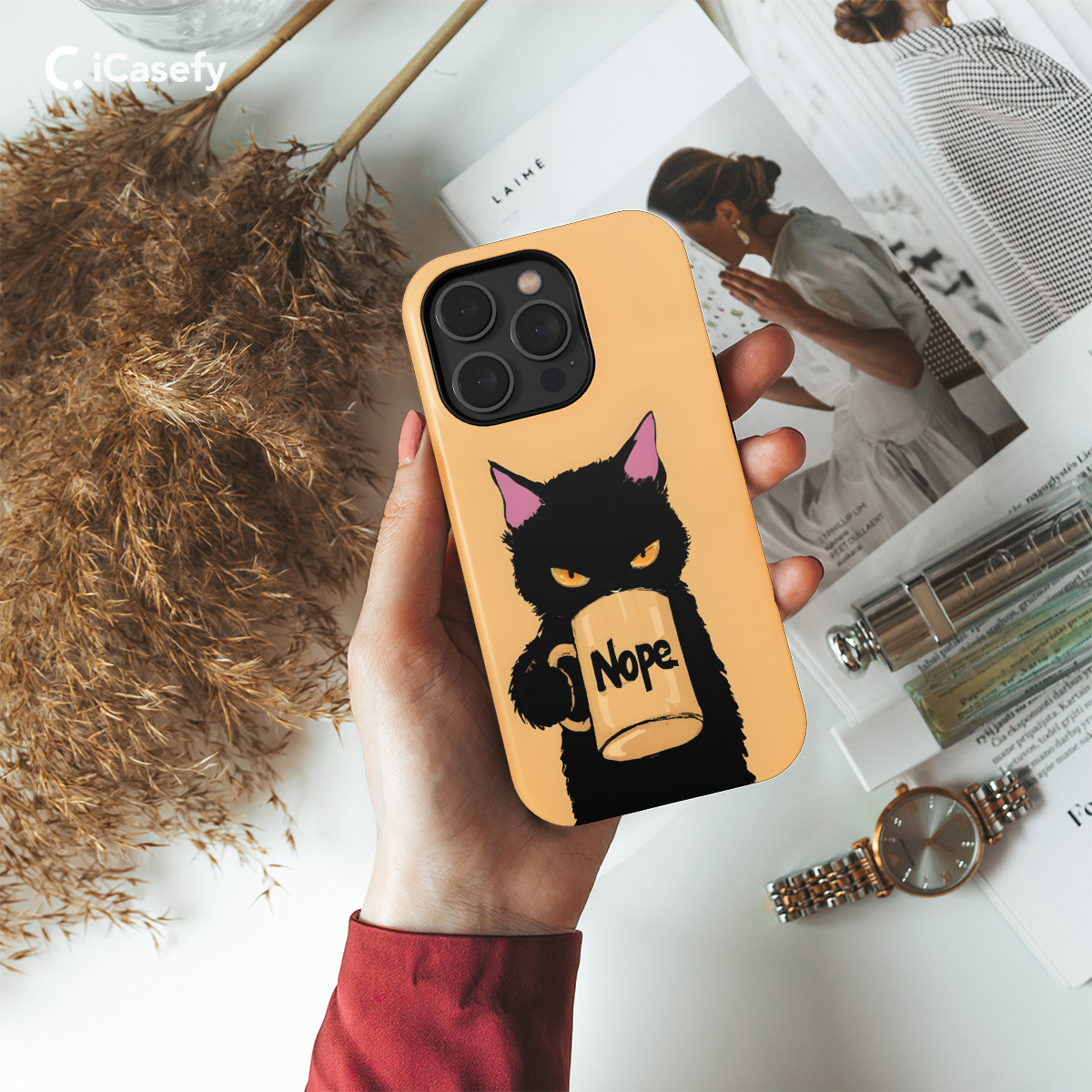 Angry Black Cat with Mug - Nope Phone Case iPhone Samsung Pixel & More 327 - Image 2