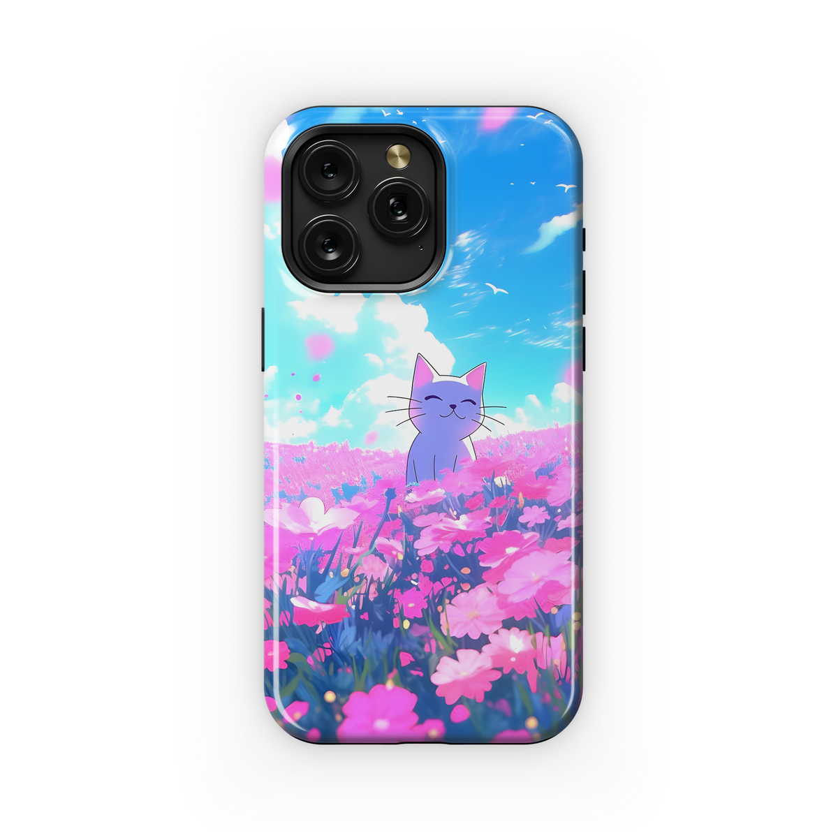 Anime White Cat Floral Pink Meadow Phone Case iPhone Samsung Cover Pixel 1810 - Image 1