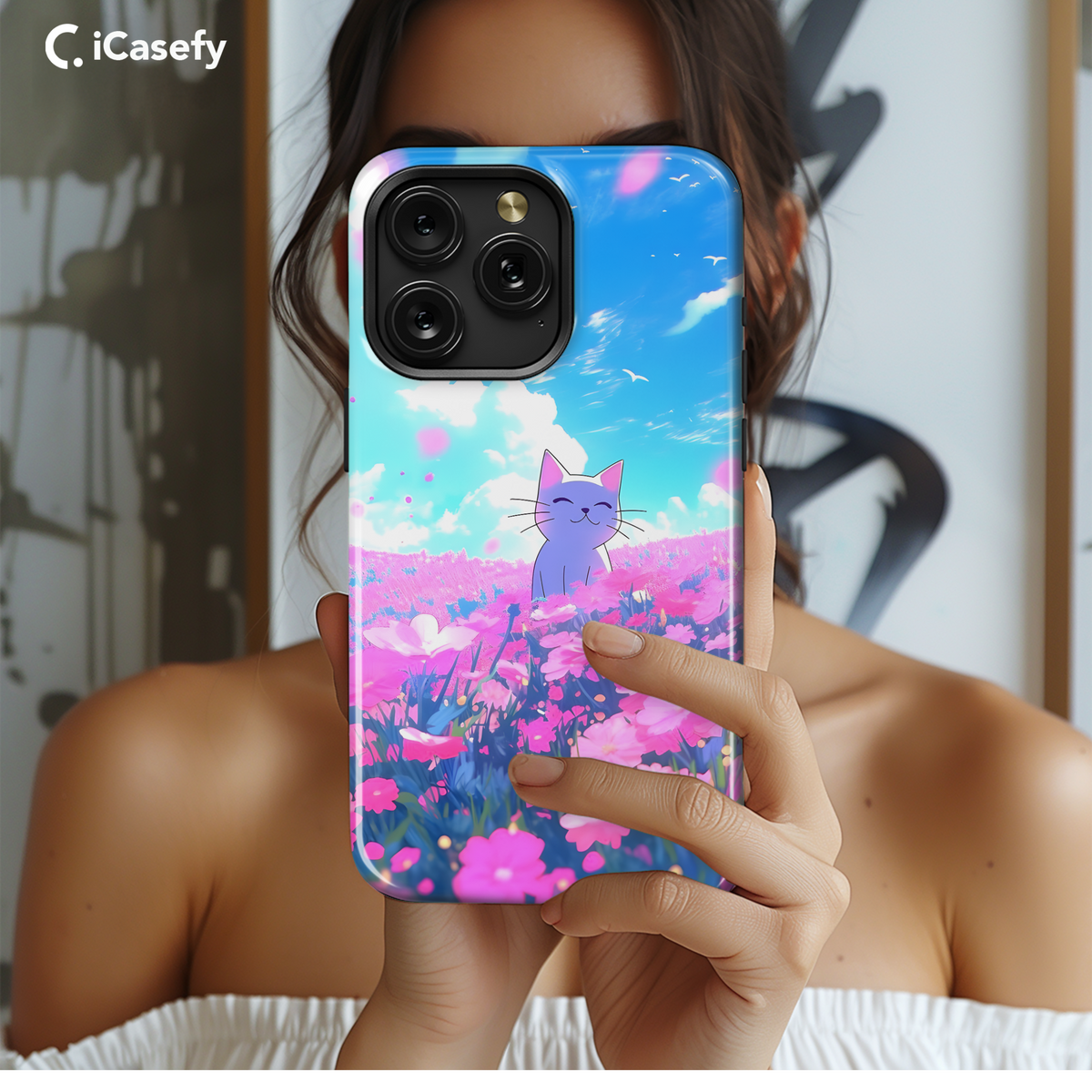 Anime White Cat Floral Pink Meadow Phone Case iPhone Samsung Cover Pixel 1810 - Image 2