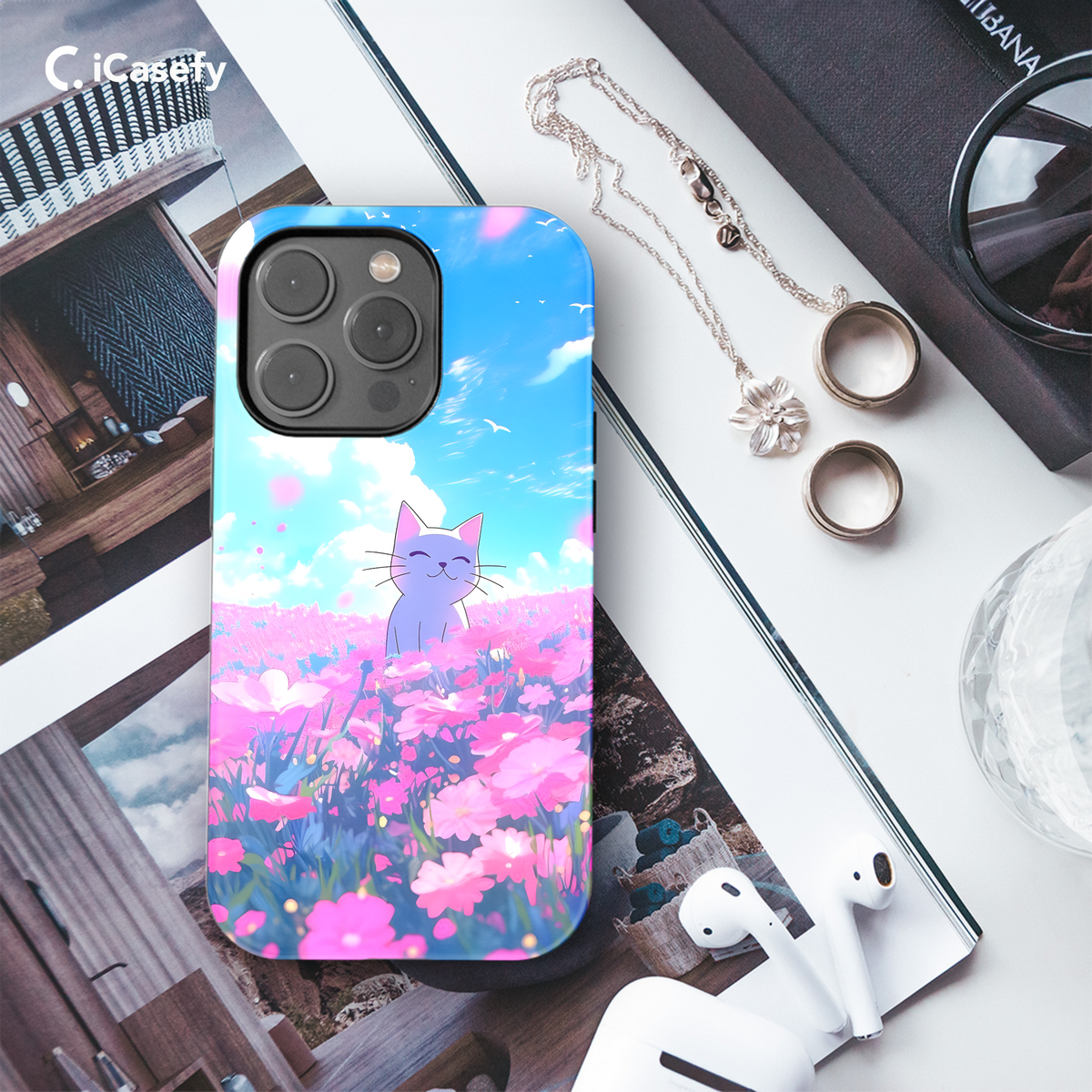 Anime White Cat Floral Pink Meadow Phone Case iPhone Samsung Cover Pixel 1810 - Image 3