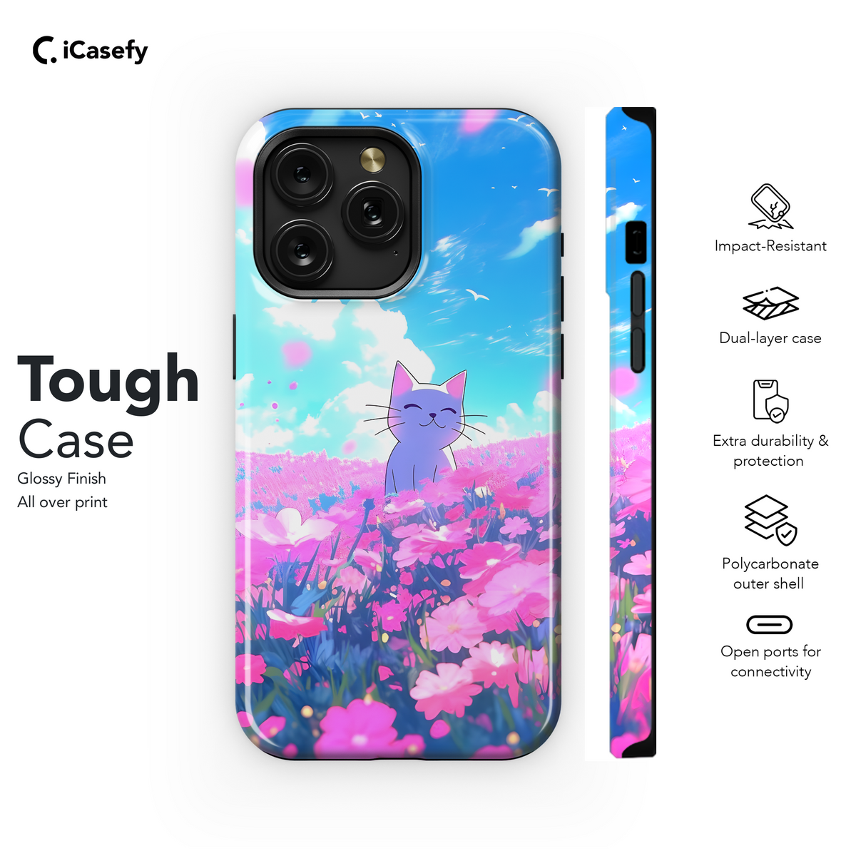 Anime White Cat Floral Pink Meadow Phone Case iPhone Samsung Cover Pixel 1810 - Image 6