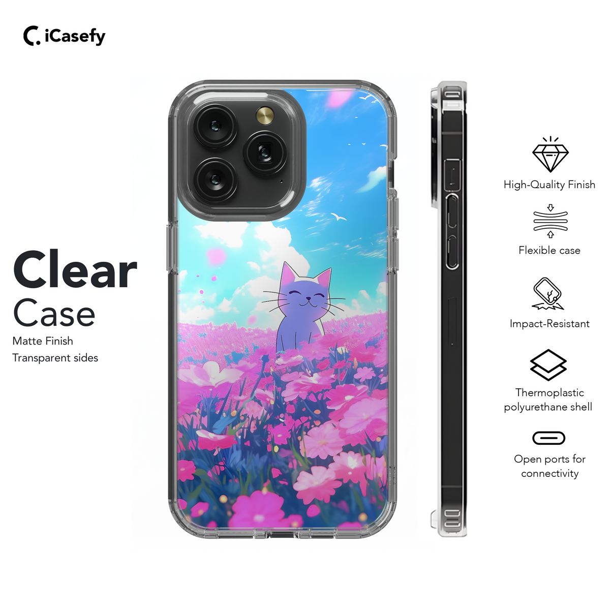 Anime White Cat Floral Pink Meadow Phone Case iPhone Samsung Cover Pixel 1810 - Image 8