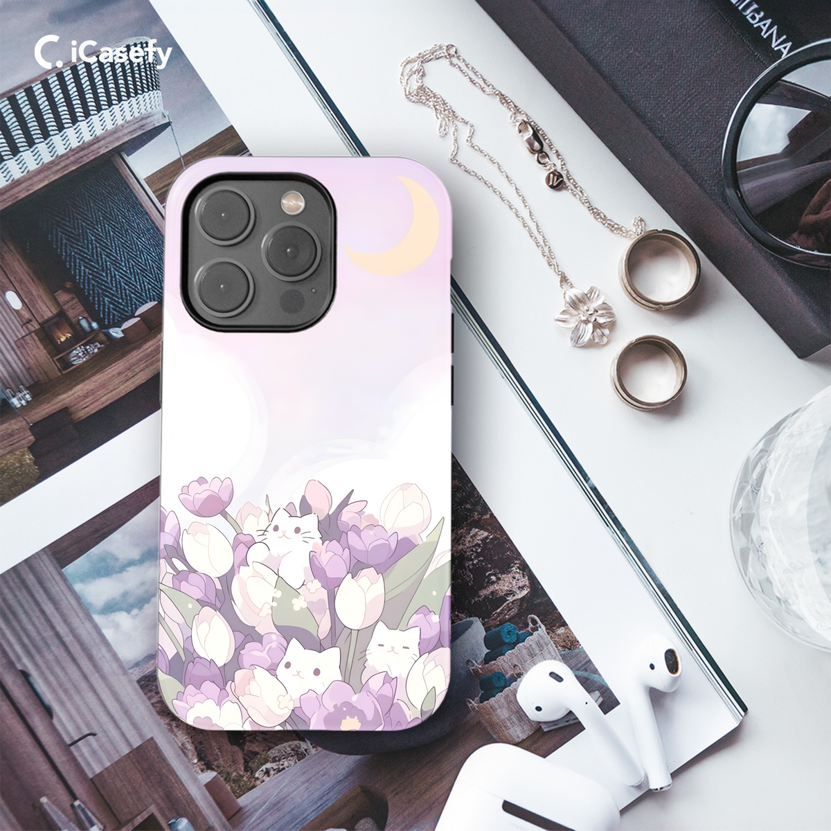 Anime White Cat Tulips Phone Case iPhone Samsung Cover Pixel 1809 - Image 3