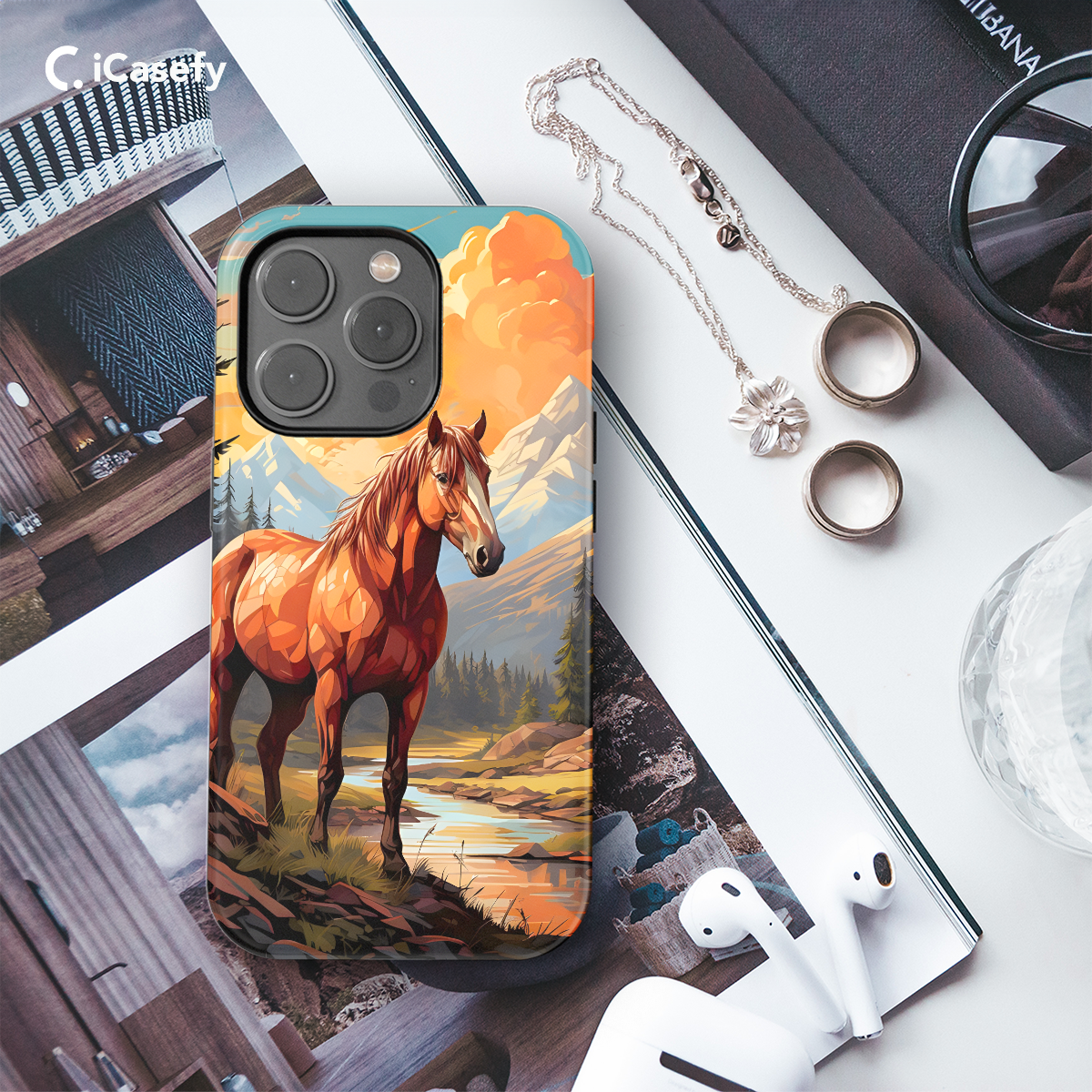 Autumn River Landscape Brown Horse Phone Case iPhone Samsung Cover Pixel 1293 - Image 3