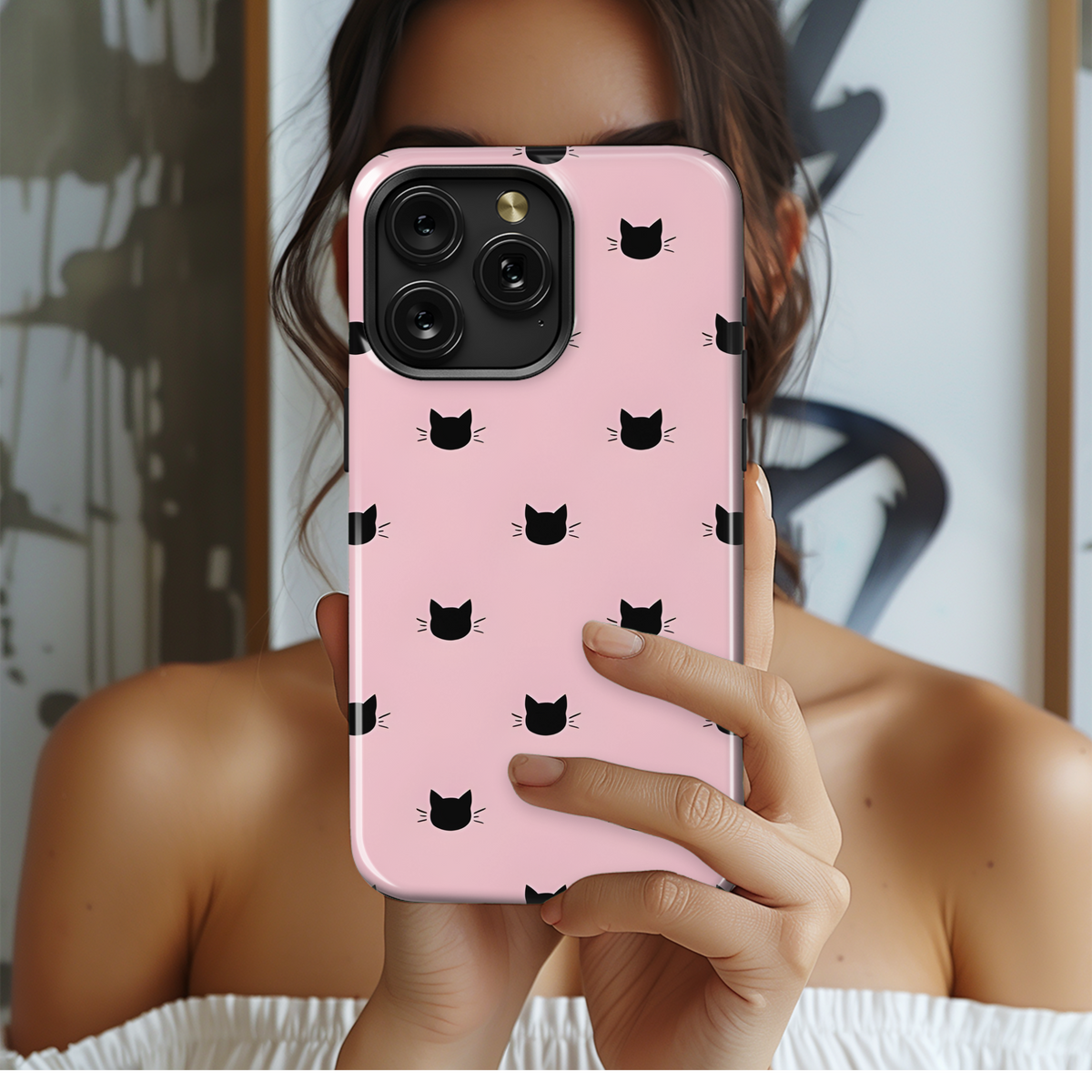 Black Cat Heads Pink Phone Case iPhone Samsung Cover Pixel 3699 - Image 2